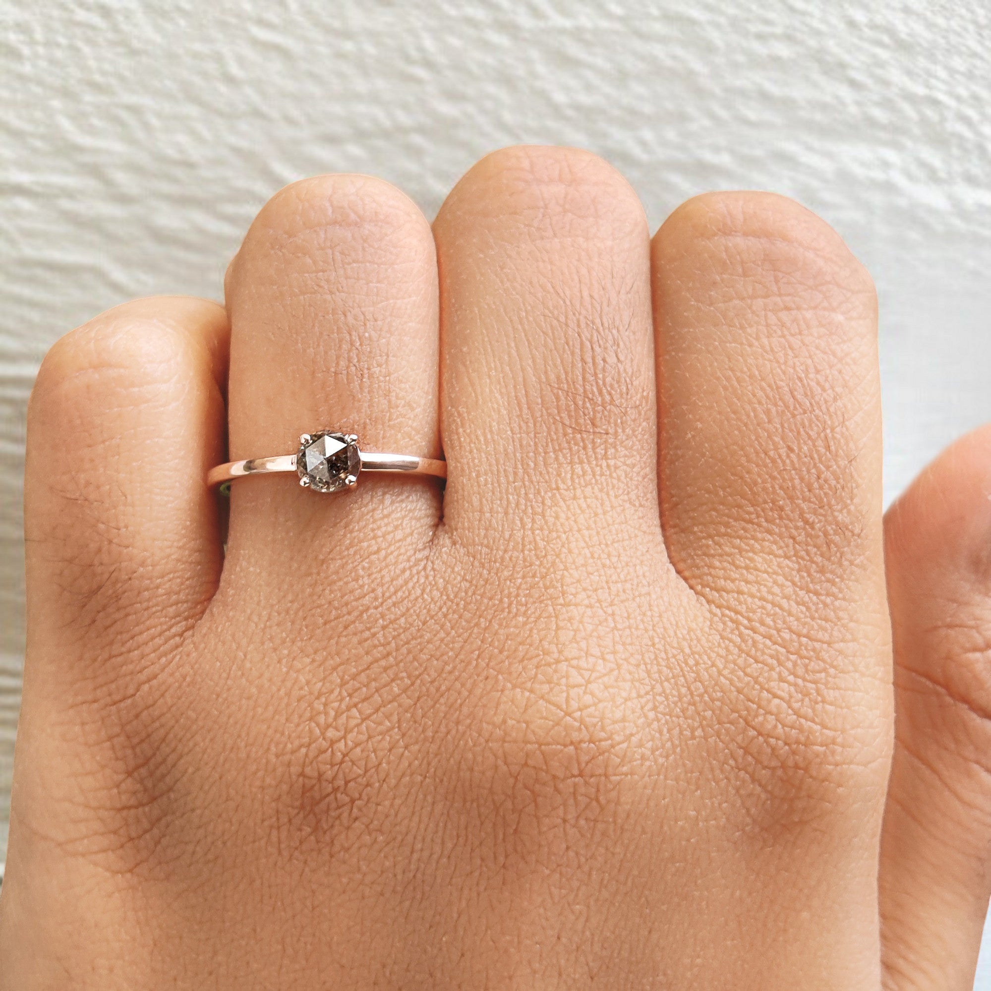 Round Rose Cut Salt And Pepper Diamond Ring 0.53 Ct 4.60 MM Round Shape Diamond Ring 14K Rose Gold Silver Engagement Ring Gift For Her QL7404