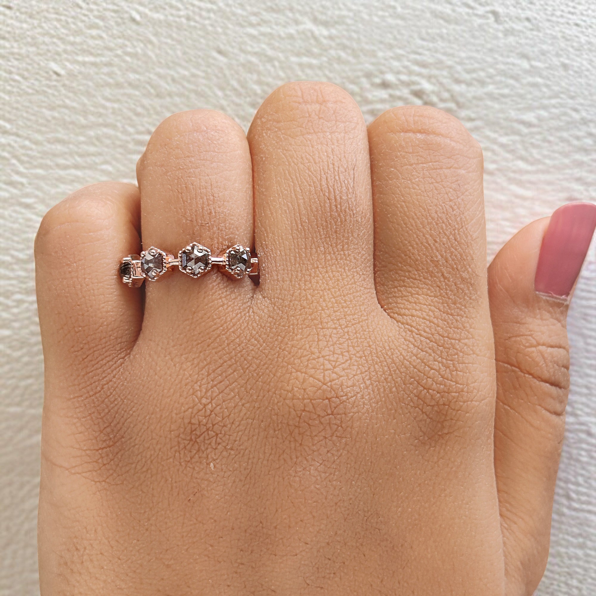 Hexagon Cut Salt And Pepper Diamond Ring 1.24 Ct 3.60 MM Hexagon Cut Diamond Ring 14K Rose Gold Silver Engagement Ring Gift For Her QL7558