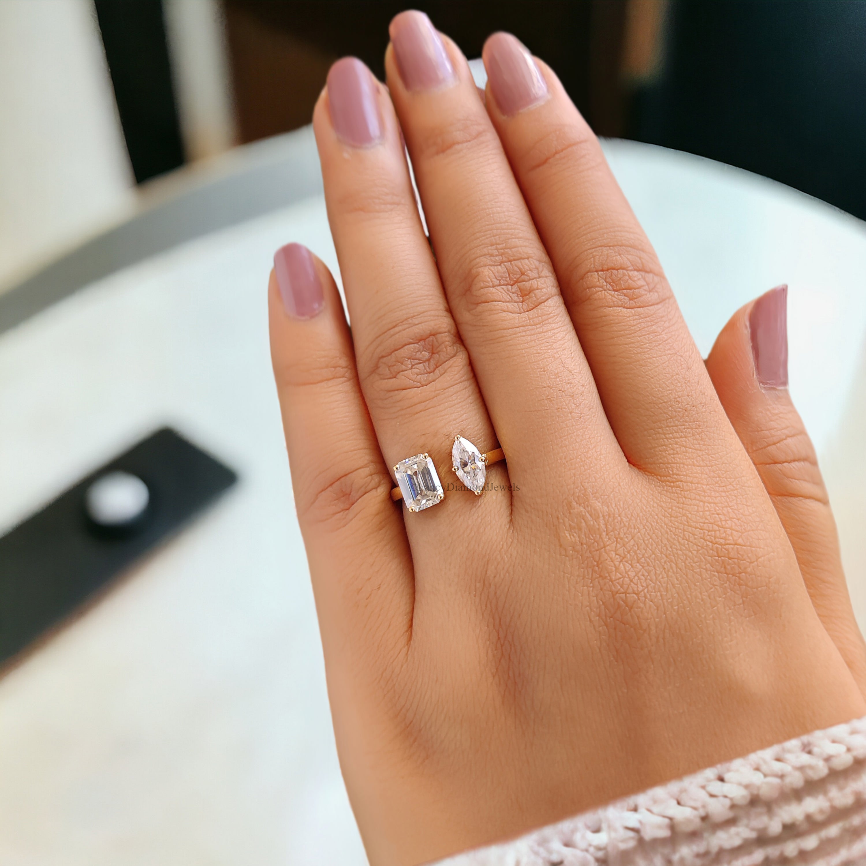 Toi Et Moi Moissanite Ring Marquise And Emerald Moissanite Wedding Ring Colorless Moissanite Engagement Ring Open Cuff Proposal Ring FD141