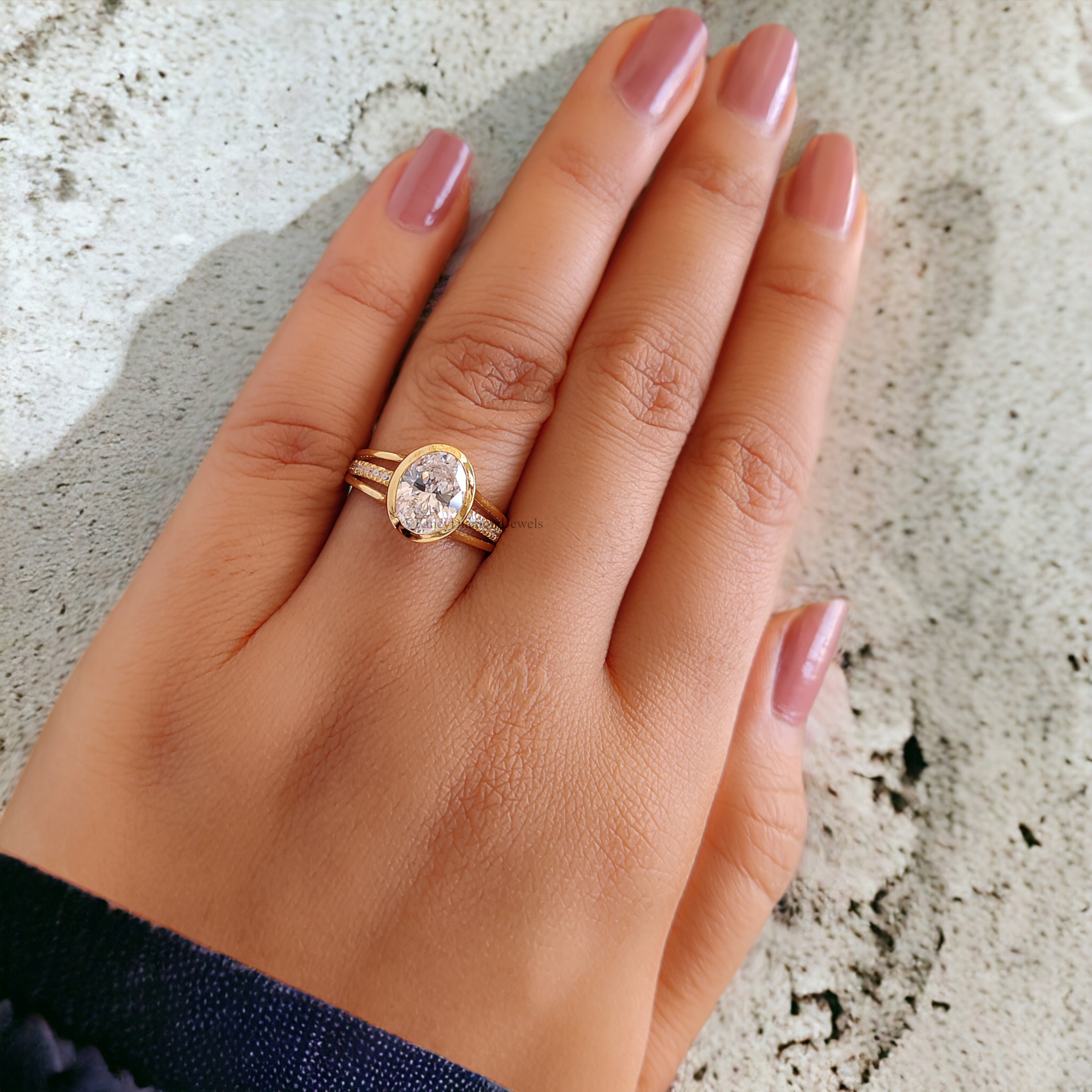 3.30 CT Vintage Style Oval Cut Solitaire With Accent Moissanite Engagement Ring Full Bezel Diamond Ring Split Shank Ring 14K Gold Ring FD147