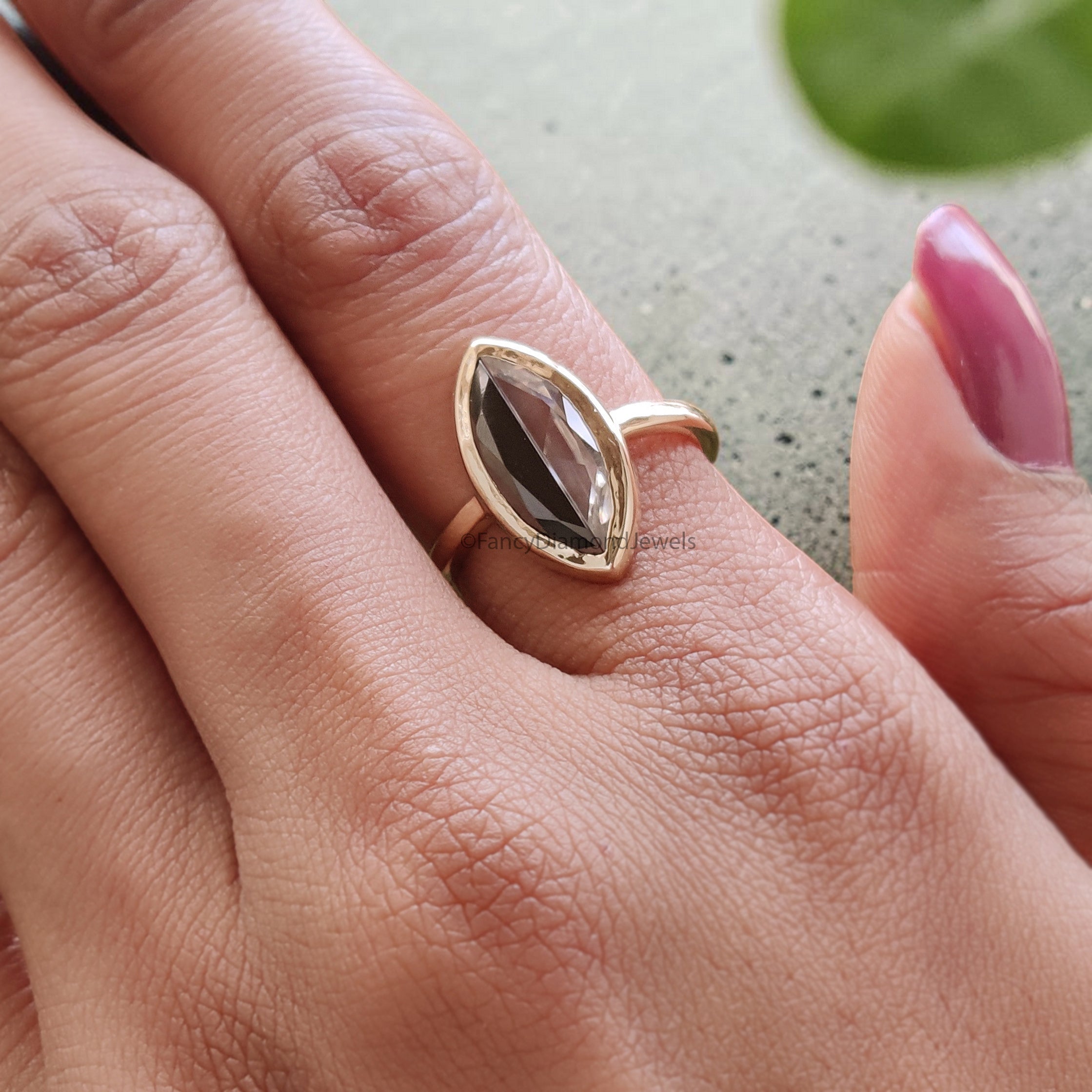 Marquise Cut Half Black White Moissanite Ring, Bezel Set Solitaire Engagement Ring, Yellow Gold Promise Ring, Minimalist Wedding Ring FD552