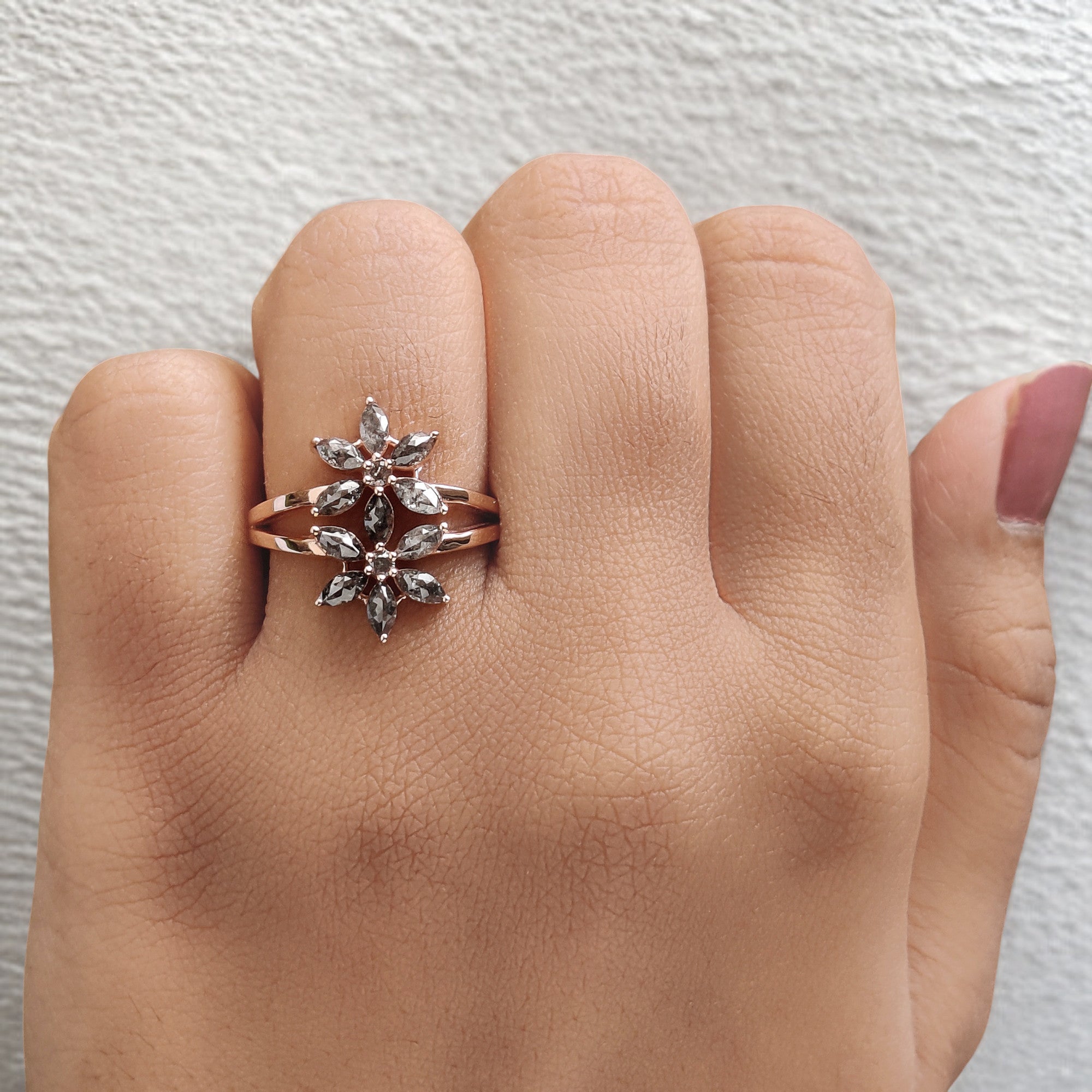 Marquise Cut Salt And Pepper Diamond Ring 0.99 Ct 4.30 MM Marquise Diamond Ring 14K Rose Gold Silver Engagement Ring Gift For Her QL1348