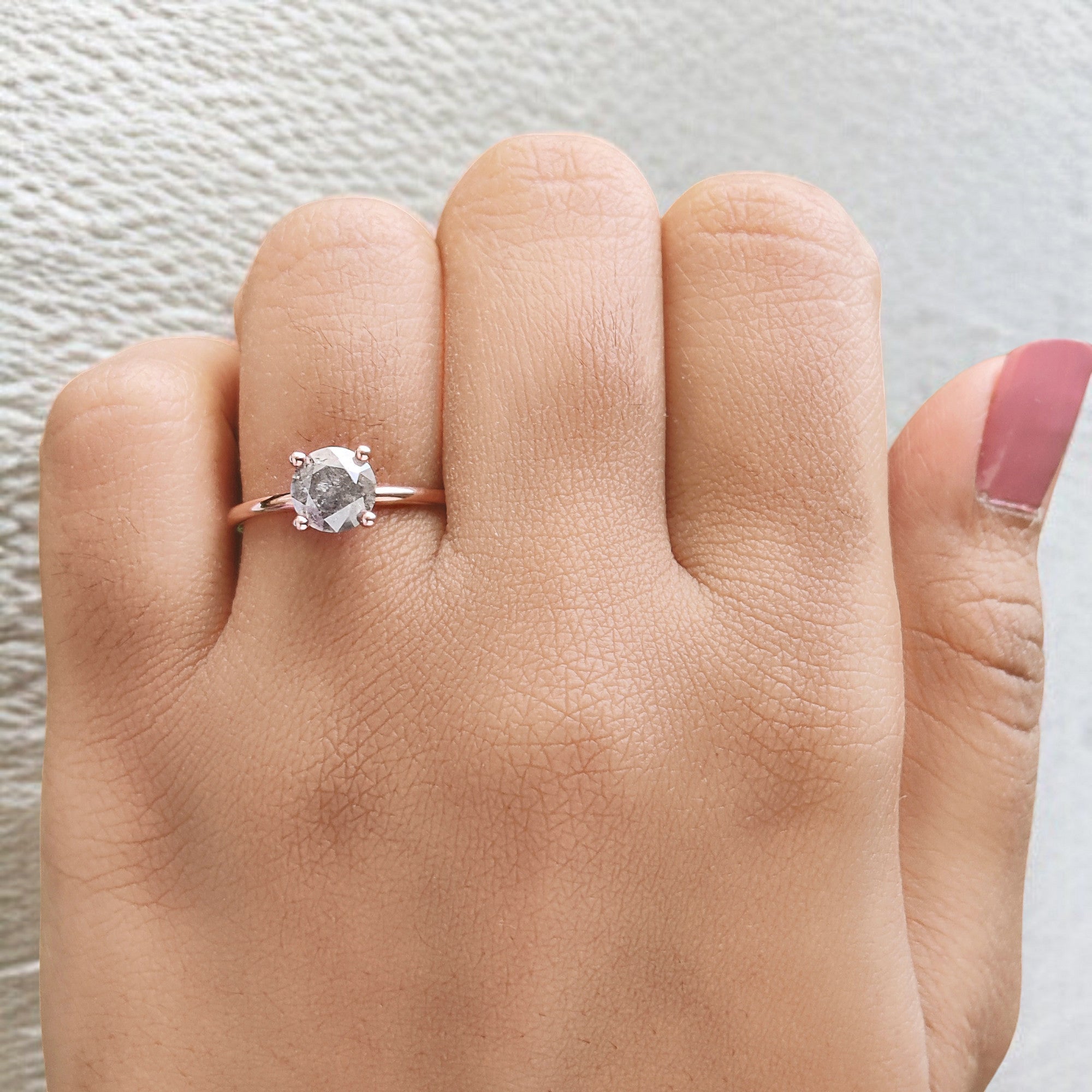 Round Cut Salt And Pepper Diamond Ring 0.98 Ct 6.40 MM Round Diamond Ring 14K Solid Rose Gold Silver Engagement Ring Gift For Her QL2083