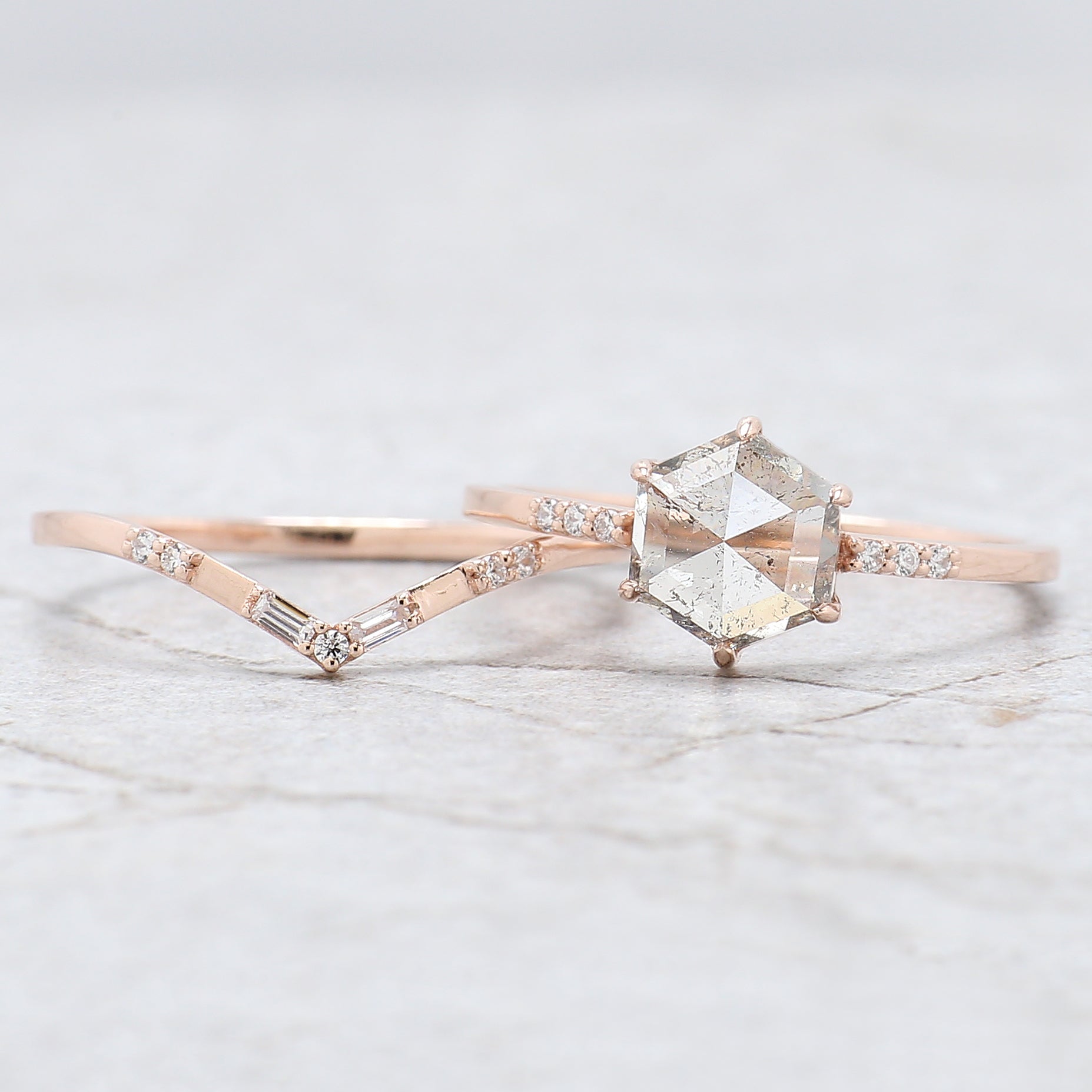 Hexagon Cut Salt And Pepper Diamond Ring 1.34 Ct 7.32 MM Hexagon Cut Diamond Ring 14K Rose Gold Silver Engagement Ring Gift For Her QL2626