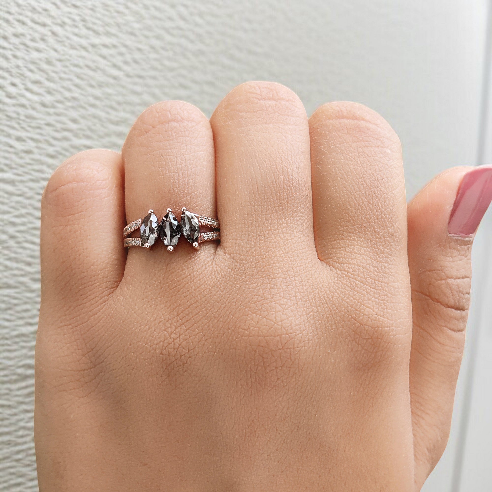 Marquise Cut Salt And Pepper Diamond Ring 0.97 Ct 6.76 MM Marquise Diamond Ring 14K Rose Gold Silver Engagement Ring Gift For Her QL2559