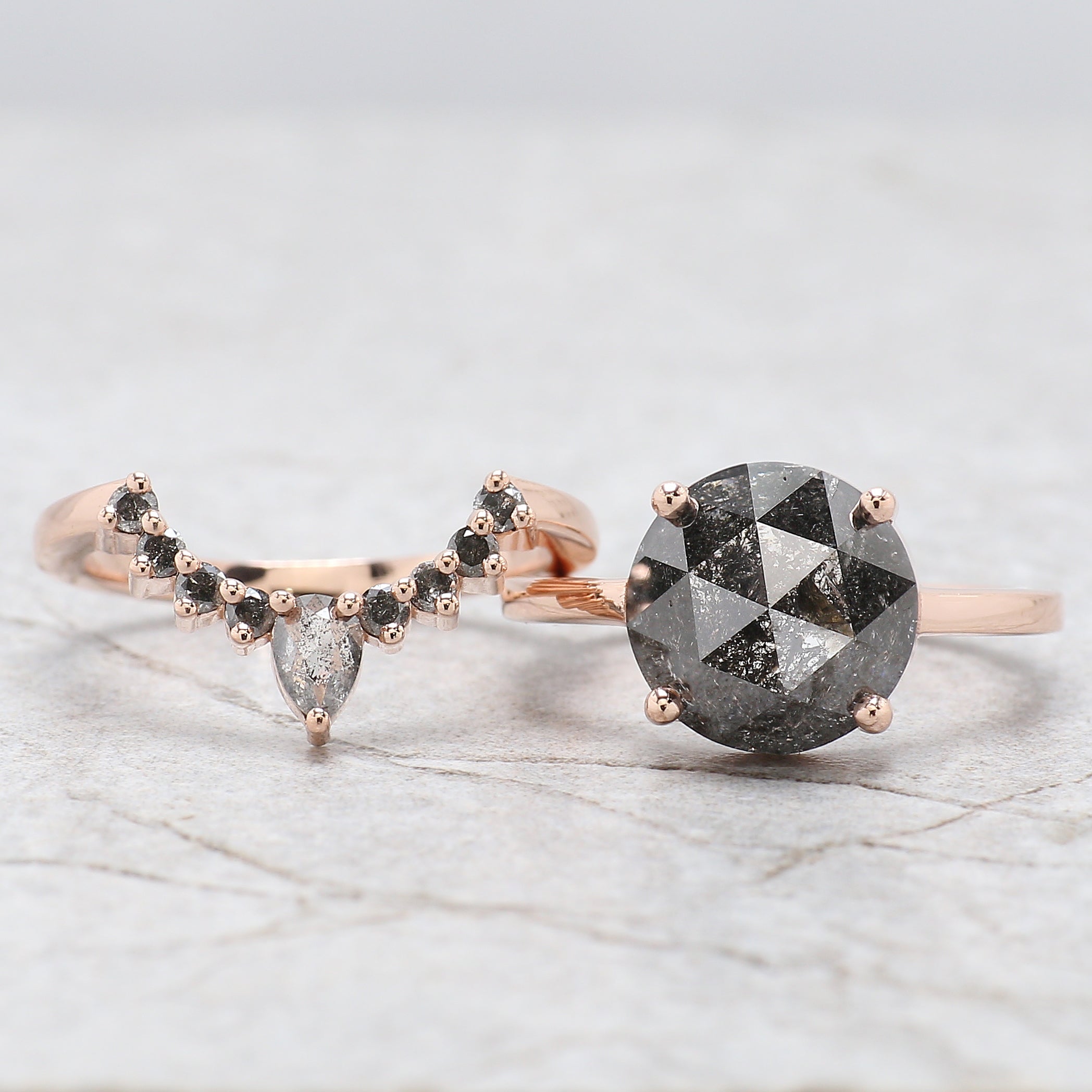 Round Rose Cut Salt And Pepper Diamond Ring 5.10 Ct 10.30 MM Round Diamond Ring 14K Solid Rose Gold Silver Engagement Ring Gift For Her QL093