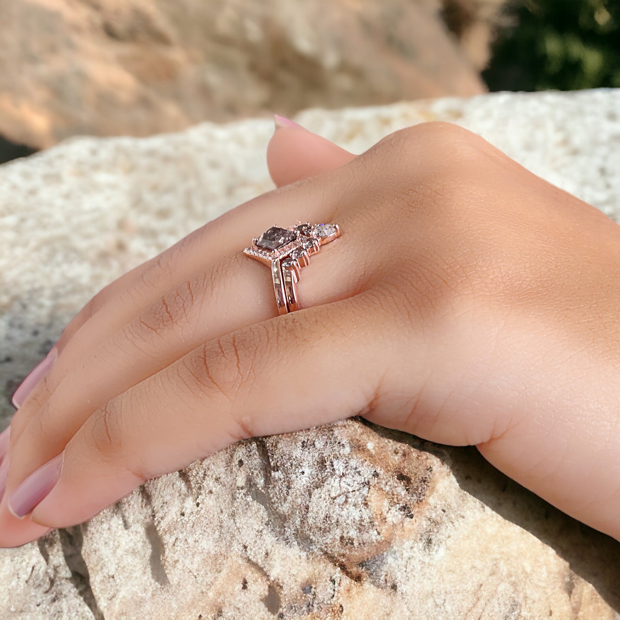 Kite Cut Salt And Pepper Diamond Ring 0.60 Ct 6.80 MM Kite Diamond Ring 14K Solid Rose Gold Silver Kite Engagement Ring Gift For Her QL159