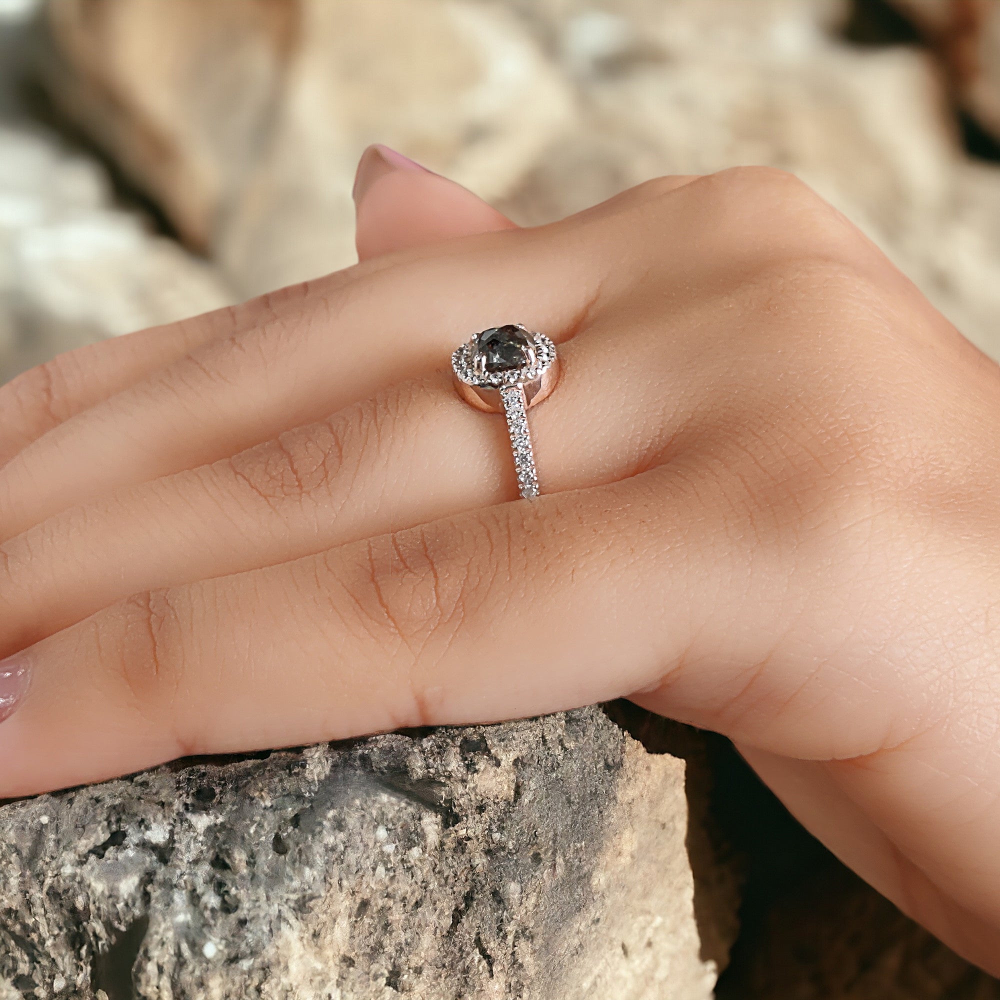 0.85 Ct Natural Cushion Cut Salt And Pepper Diamond Ring 5.35 MM Cushion Shape Diamond Ring 14K Solid Rose Gold Silver Engagement Ring QN709