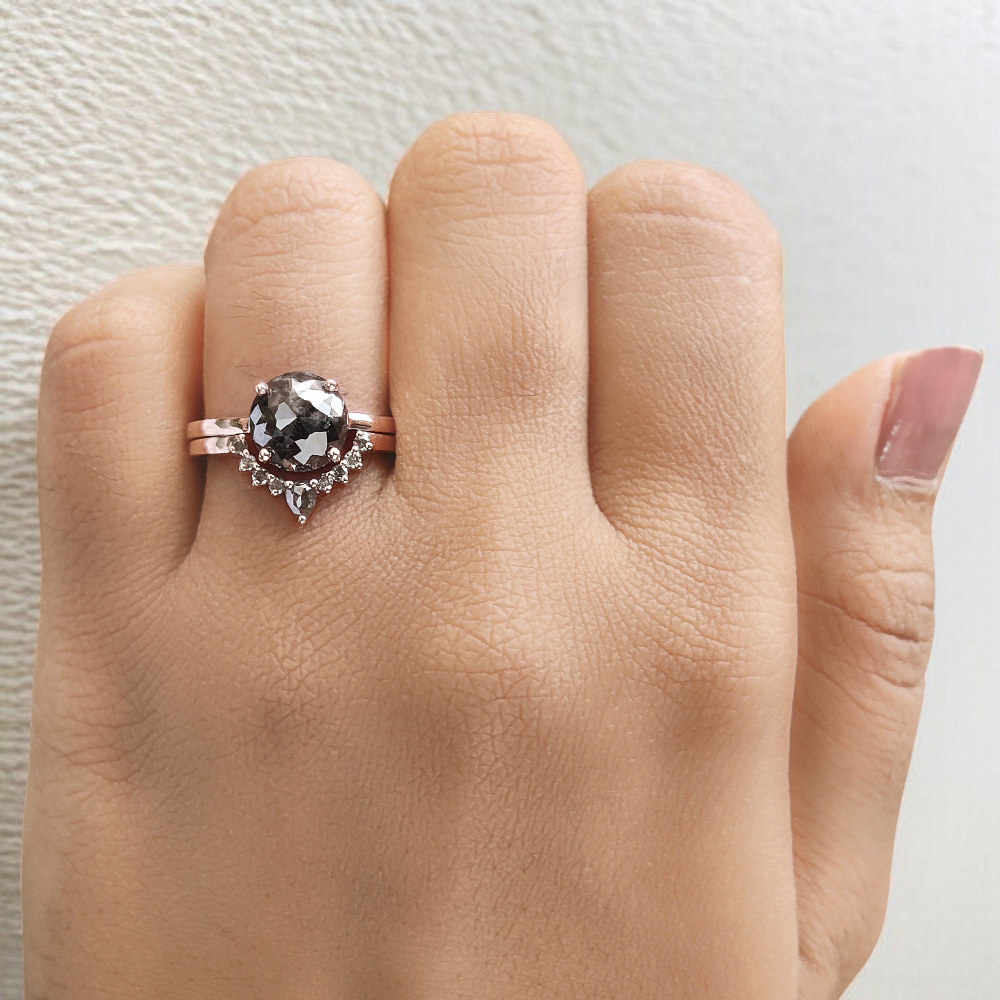 Round Rose Cut Salt And Pepper Diamond Ring 2.97 Ct 8.85 MM Round Diamond Ring 14K Solid Rose Gold Silver Engagement Ring Gift For Her QL064