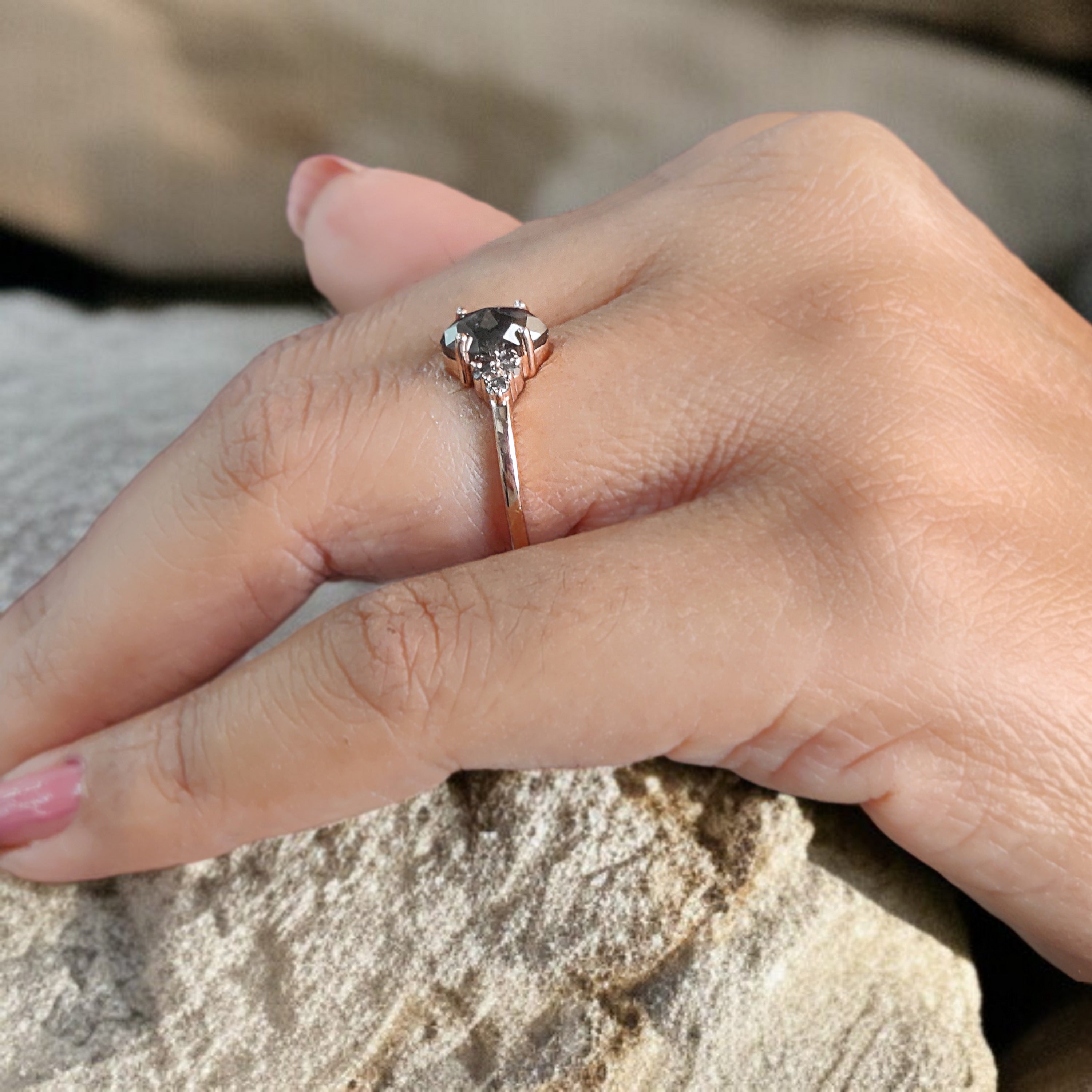 Marquise Cut Salt And Pepper Diamond Ring 1.36 Ct 8.00 MM Marquise Diamond Ring 14K Solid Rose Gold Engagement Ring Gift For Her KDL3474