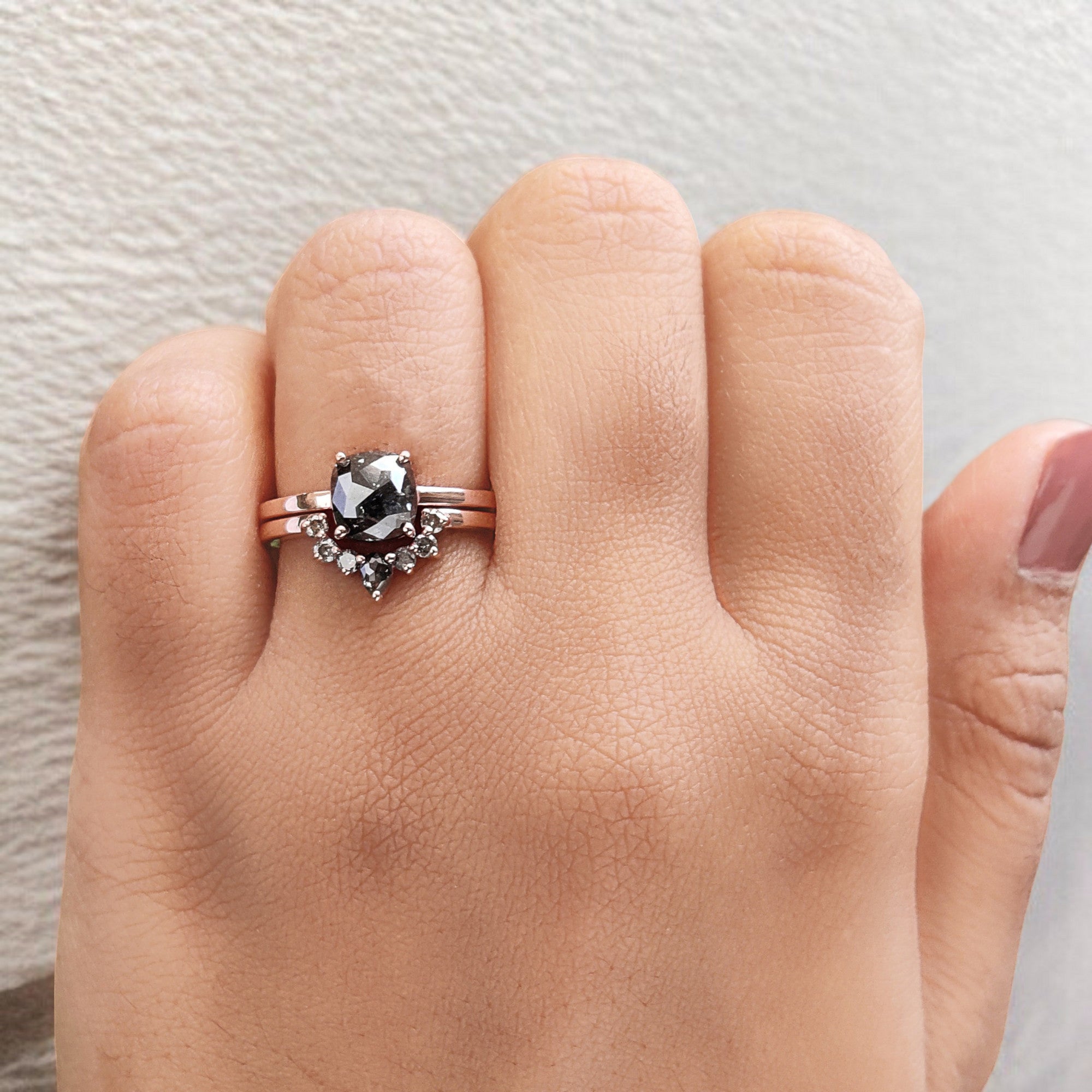 Cushion Cut Salt And Pepper Diamond Ring 1.74 Ct 6.95 MM Cushion Diamond Ring 14K Solid Rose Gold Silver Engagement Ring Gift For Her QL461