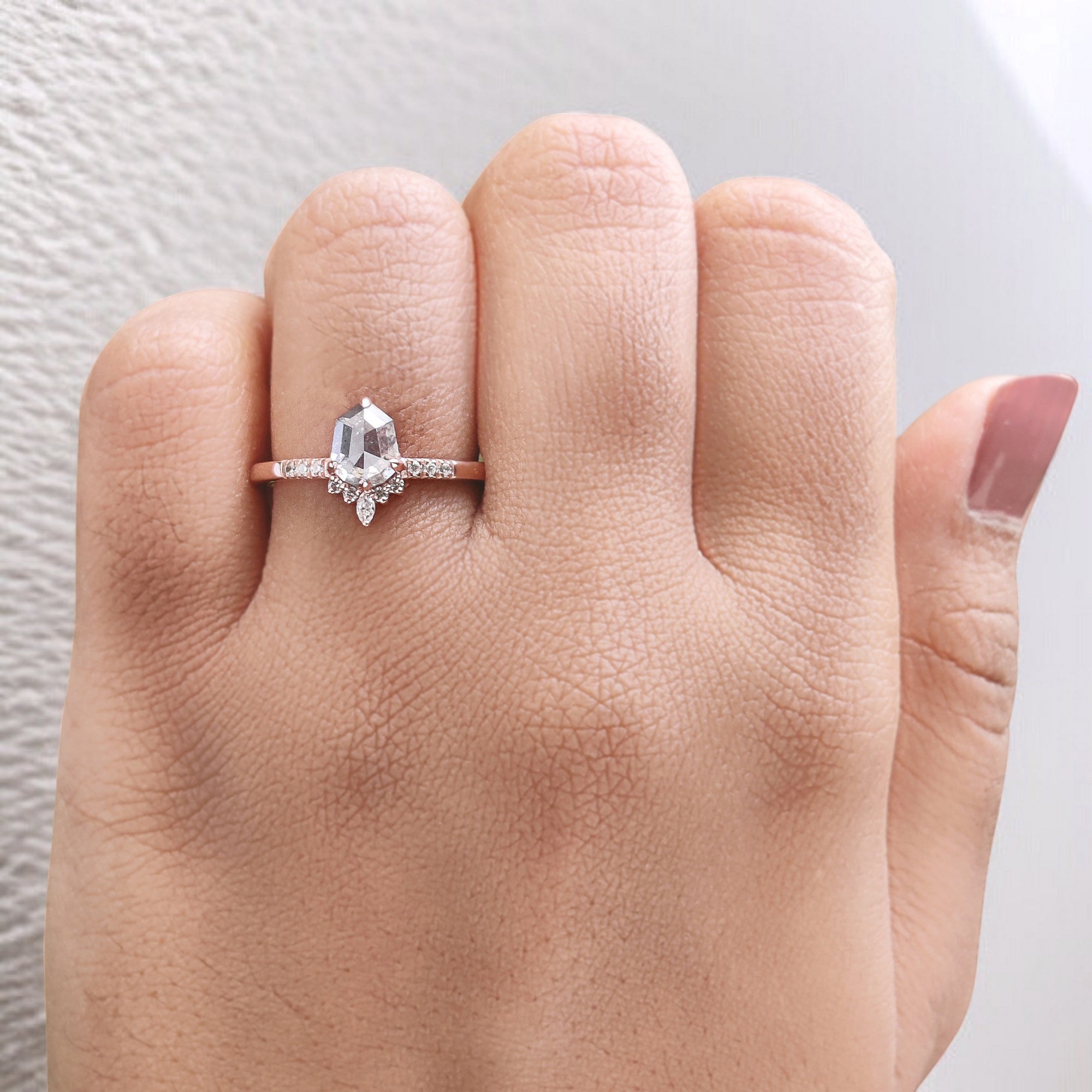 Shield Cut Salt And Pepper Diamond Ring 1.12 Ct 7.08 MM Shield Diamond Ring 14K Solid Rose Gold Silver Engagement Ring Gift For Her QL2570