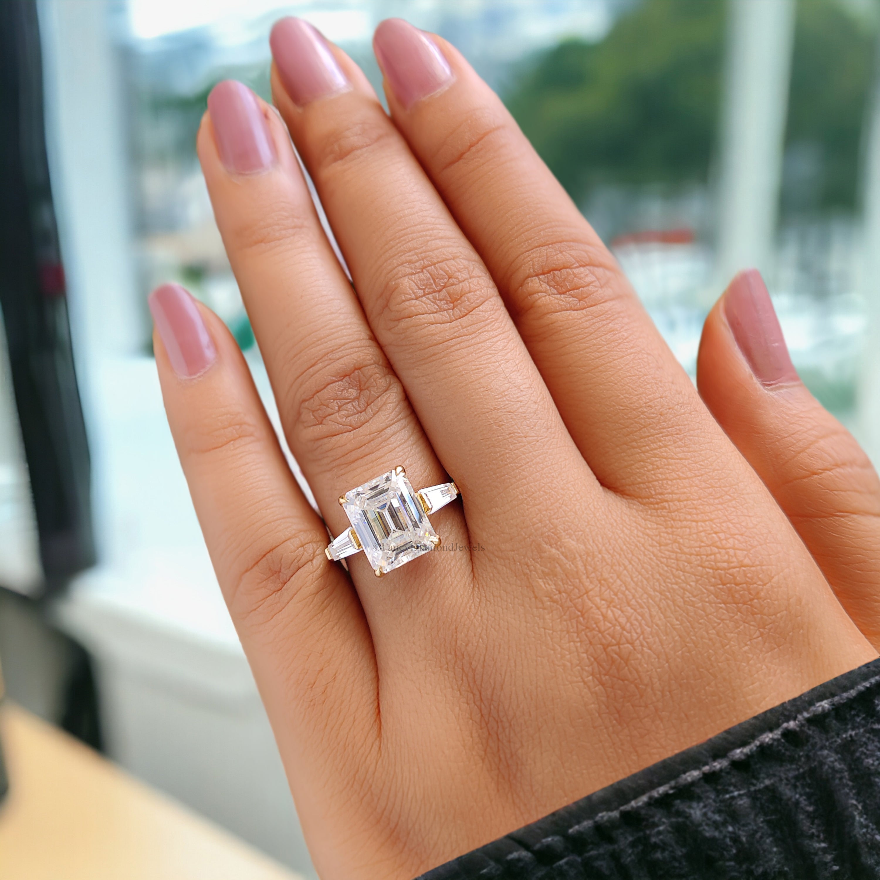 3.45 CT Emerald Cut Colorless Moissanite Ring Three Stone Engagement Ring Side Tapered Baguette Moissanite Claw Prong Anniversary Gift FD137