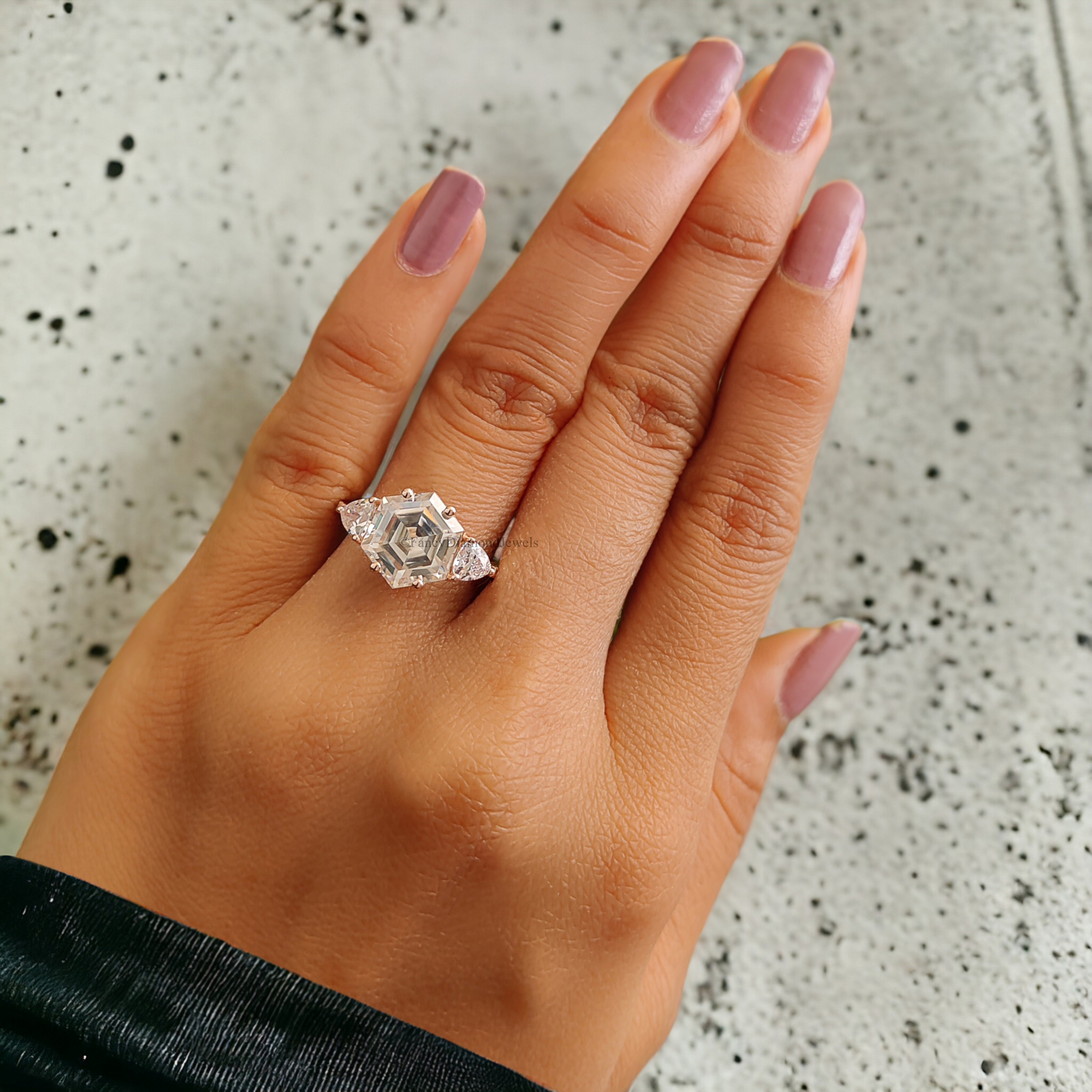 2.95 CT Antique Hexagon Moissanite Engagement Ring Triangle And Round Ring For Gifting Bridal Wedding Ring Anniversary Gift Ring Her FD175
