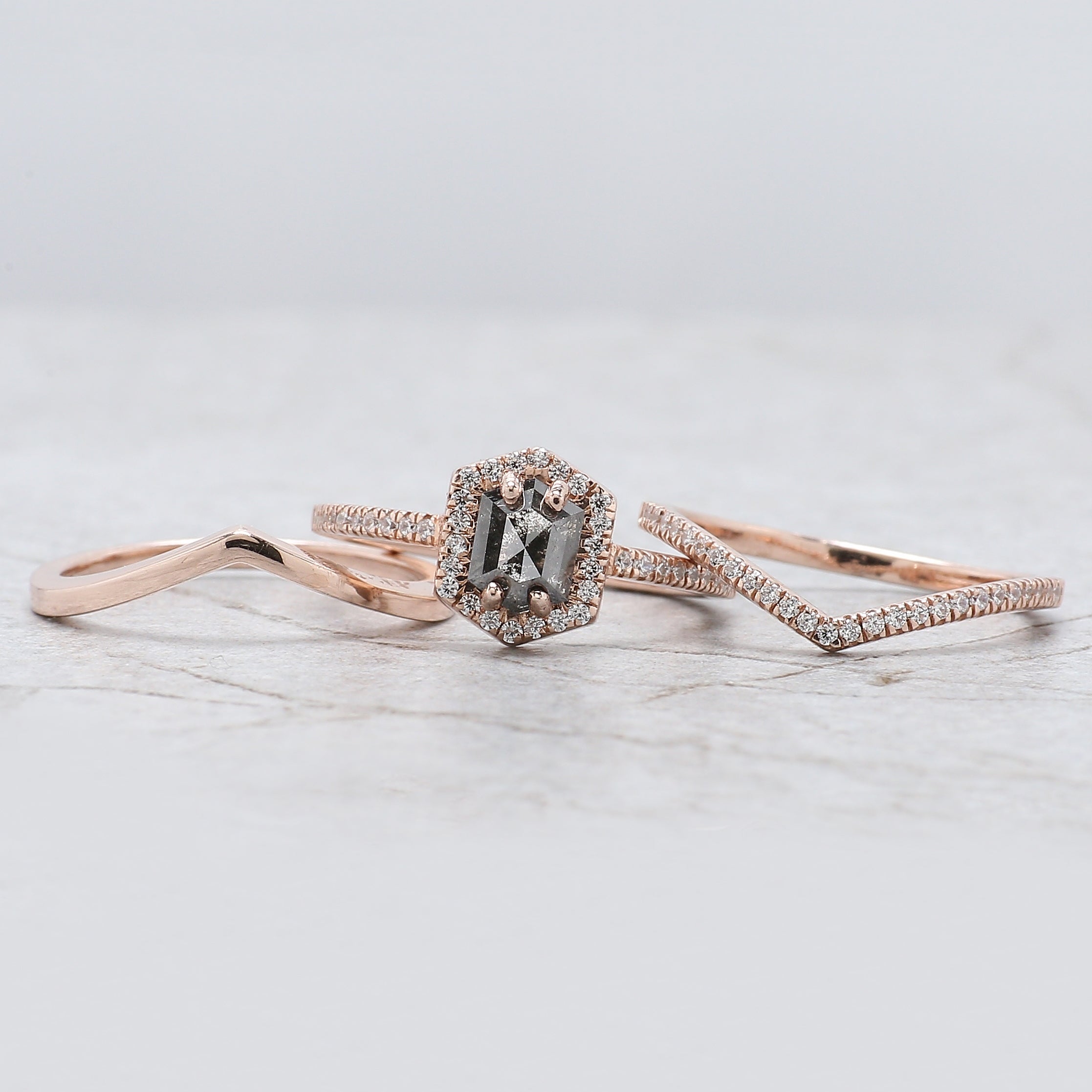 Hexagon Cut Salt And Pepper Diamond Ring 0.72 Ct 6.20 MM Hexagon Diamond Ring 14K Solid Rose Gold Silver Engagement Ring Gift For Her QL1236