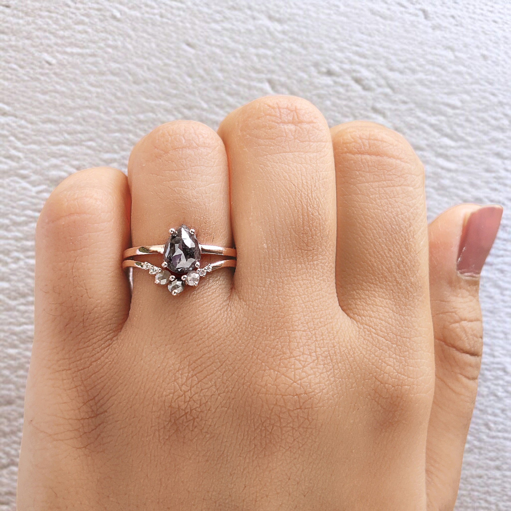 Pear Cut Salt And Pepper Diamond Ring 1.47 Ct 8.05 MM Pear Diamond Ring 14K Solid Rose Gold Silver Pear Engagement Ring Gift For Her QL1561