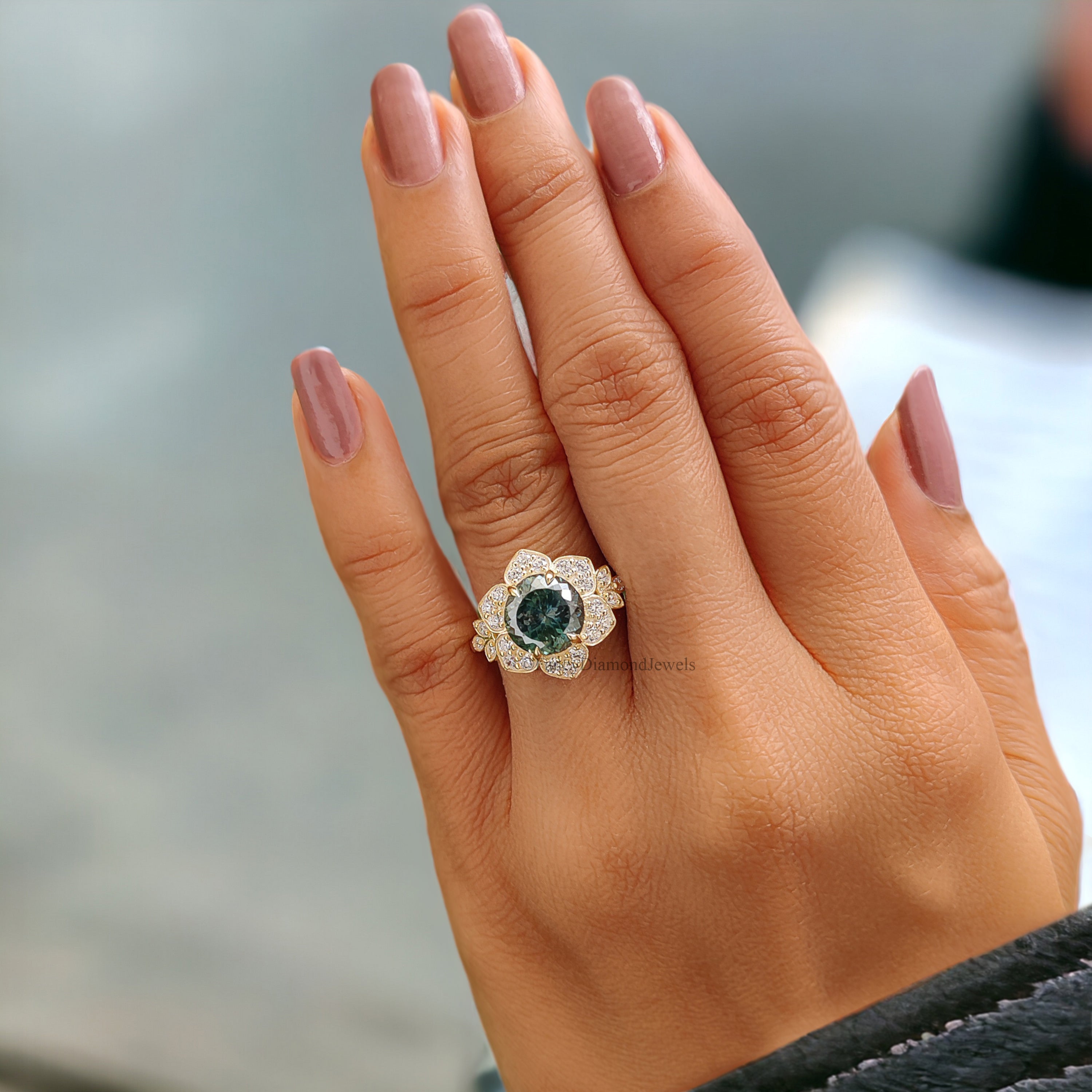 Portuguese Round Cut 8 mm Blue Moissanite Engagement Ring Yellow Gold Vintage Ring Anniversary Ring Gift Blue Moissanite Wedding Ring FD184