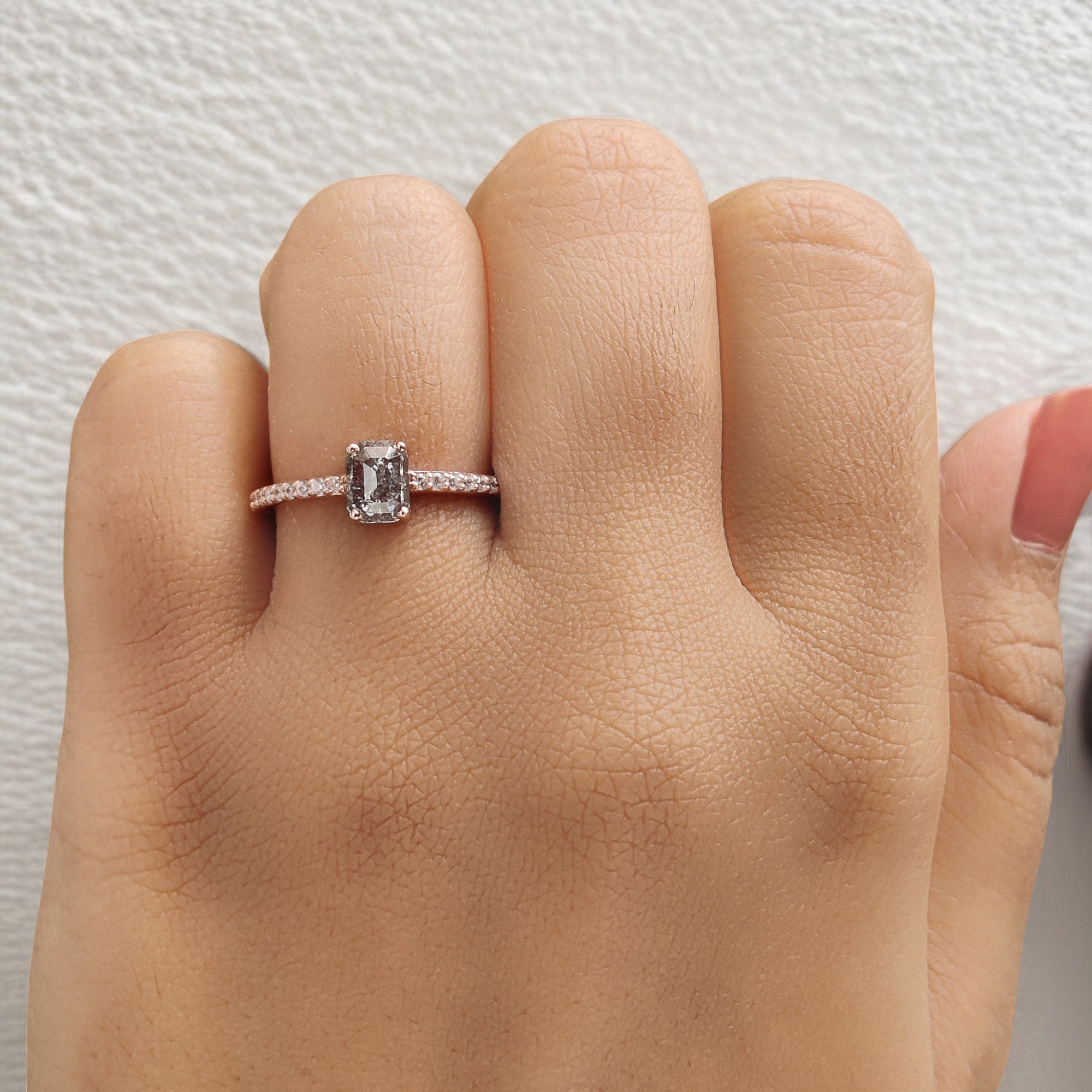 Emerald Cut Salt And Pepper Diamond Ring 0.75 Ct 5.95 MM Emerald Diamond Ring 14K Solid Rose Gold Silver Engagement Ring Gift For Her QL1100