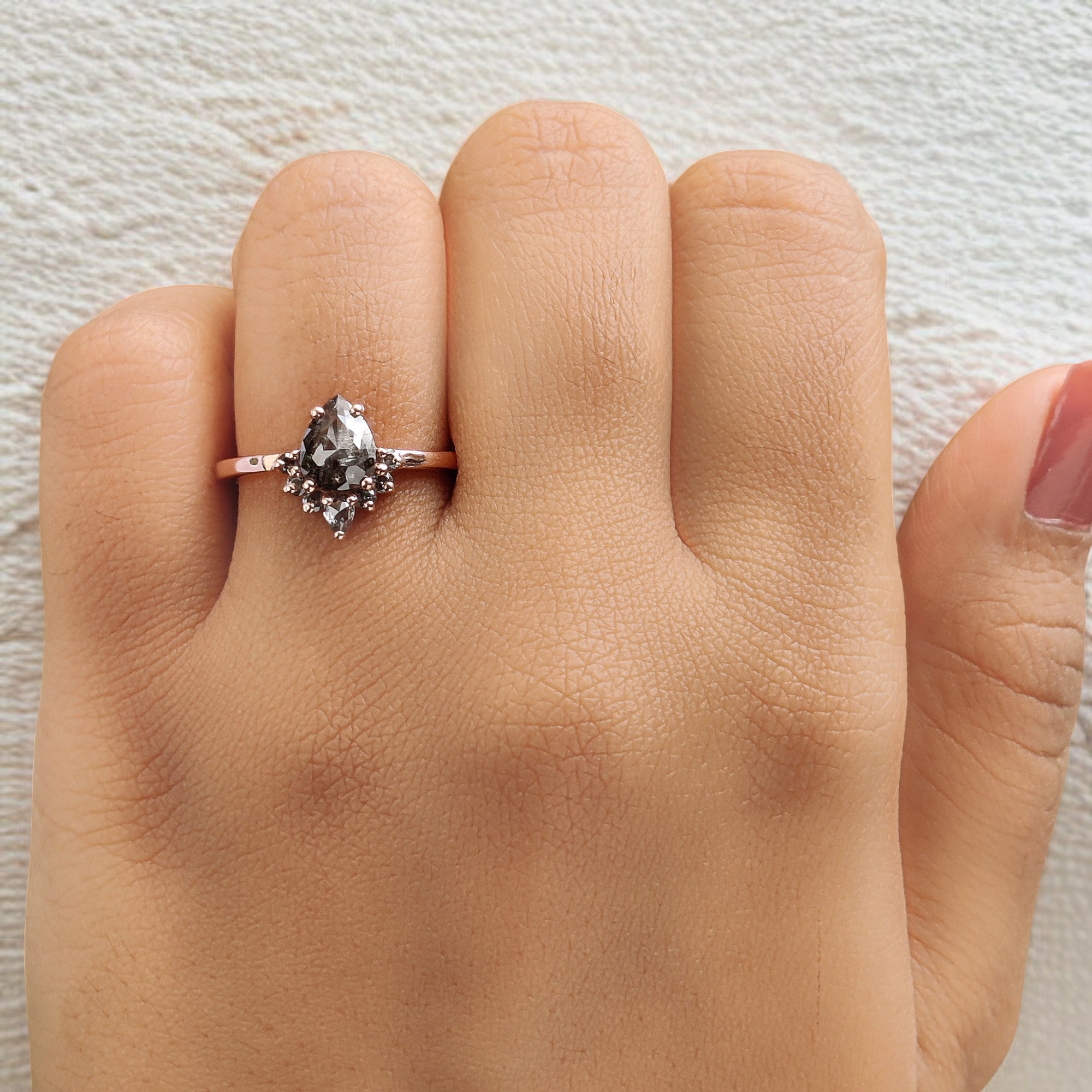 0.91 Ct Natural Pear Shape Salt And Pepper Diamond Ring 7.20 MM Pear Cut Diamond Ring 14K Solid Rose Gold Silver Engagement Ring QL1665