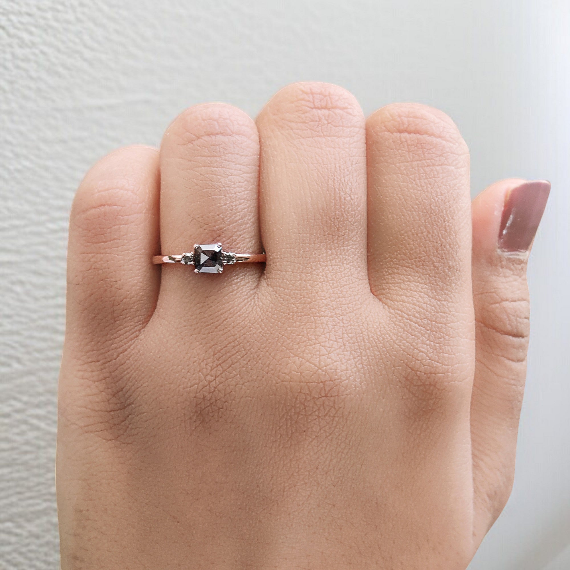 Emerald Cut Salt And Pepper Diamond Ring 0.47 Ct 4.50 MM Emerald Diamond Ring 14K Solid Rose Gold Silver Engagement Ring Gift For Her QL6853