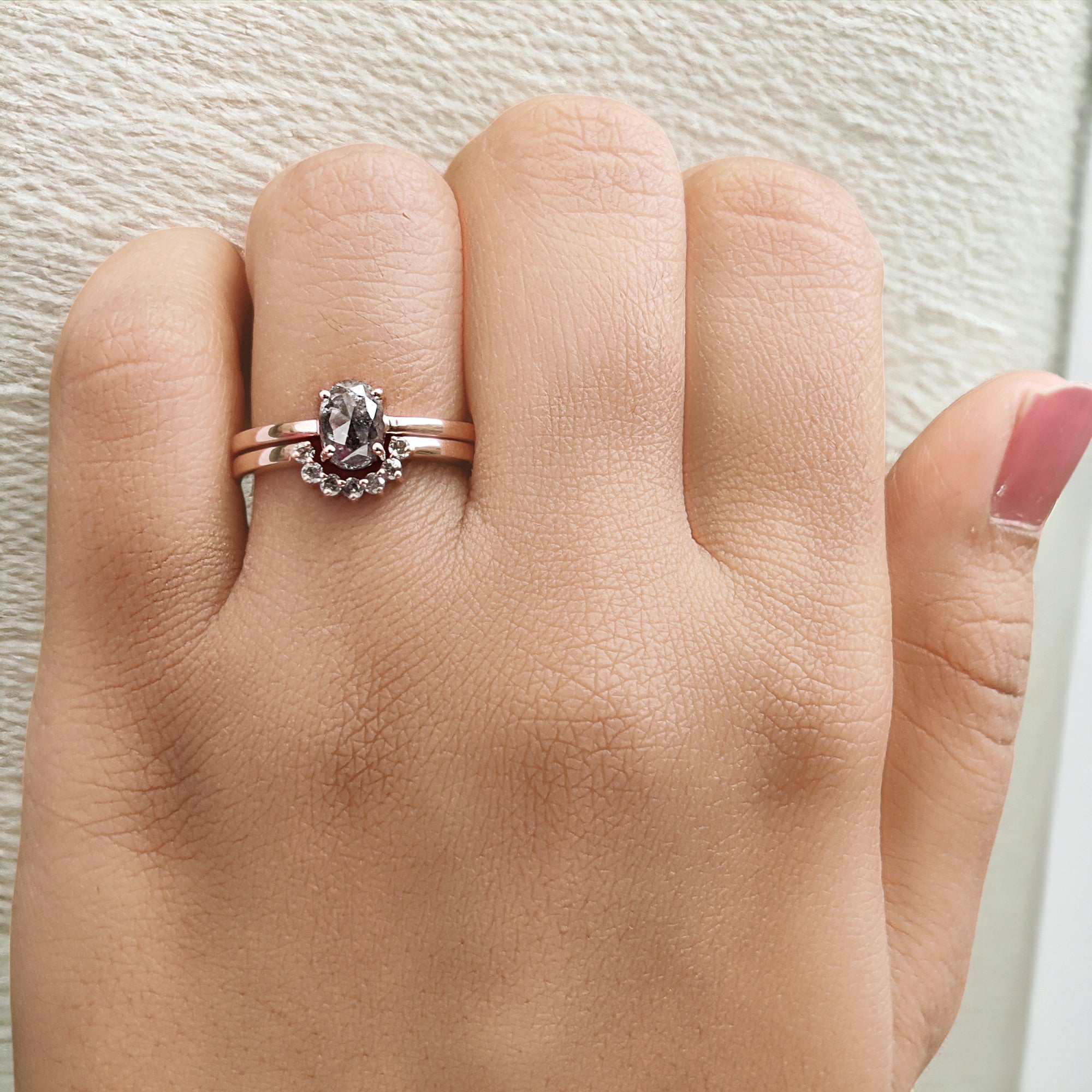 1.00 Ct Natural Oval Cut Salt and Pepper Diamond Ring 6.85 MM Oval Cut Diamond Ring 14K Solid Rose Gold Silver Oval Engagement Ring QN1207