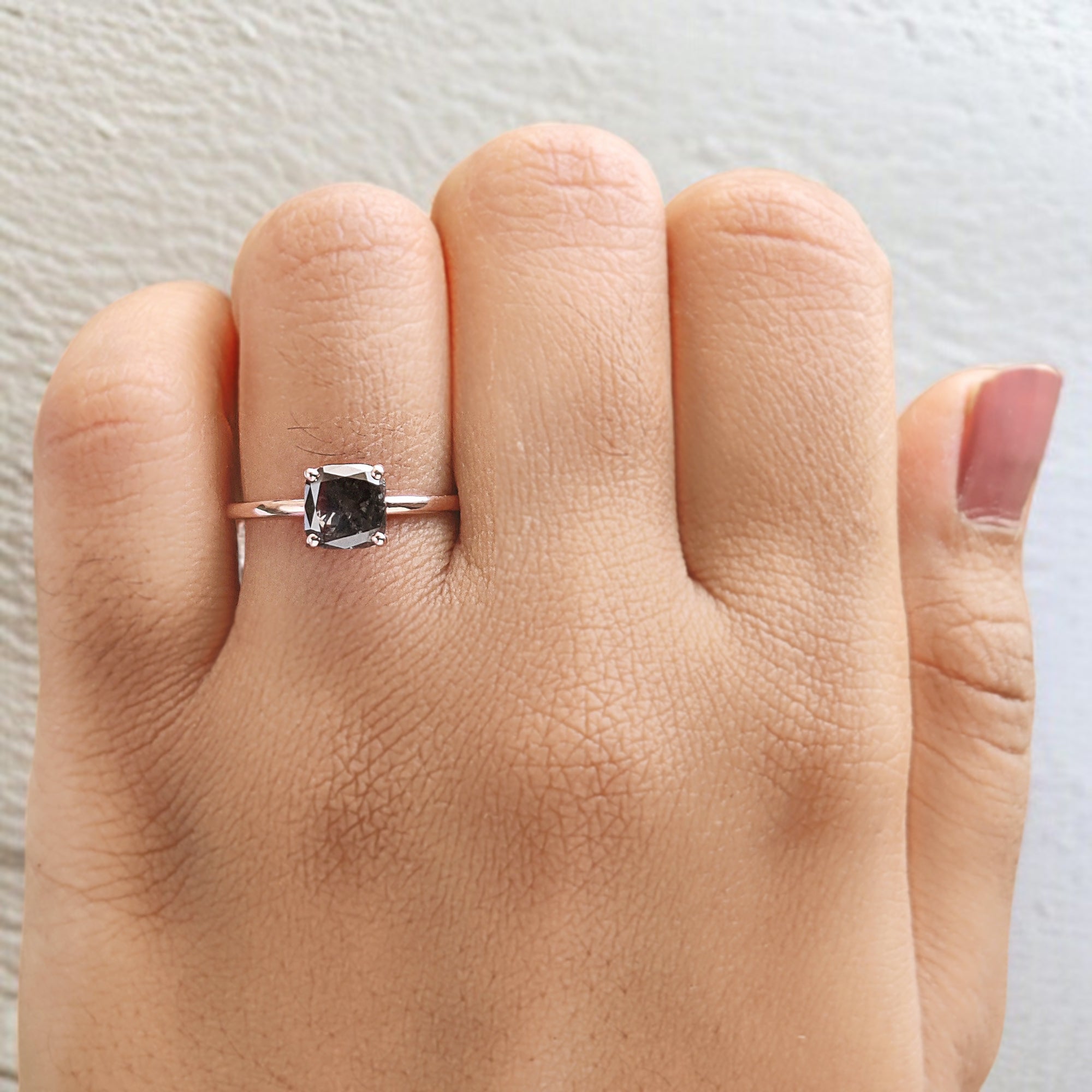 Cushion Cut Salt And Pepper Diamond Ring 1.31 Ct 6.05 MM Cushion Diamond Ring 14K Solid Rose Gold Silver Engagement Ring Gift For Her QL1905