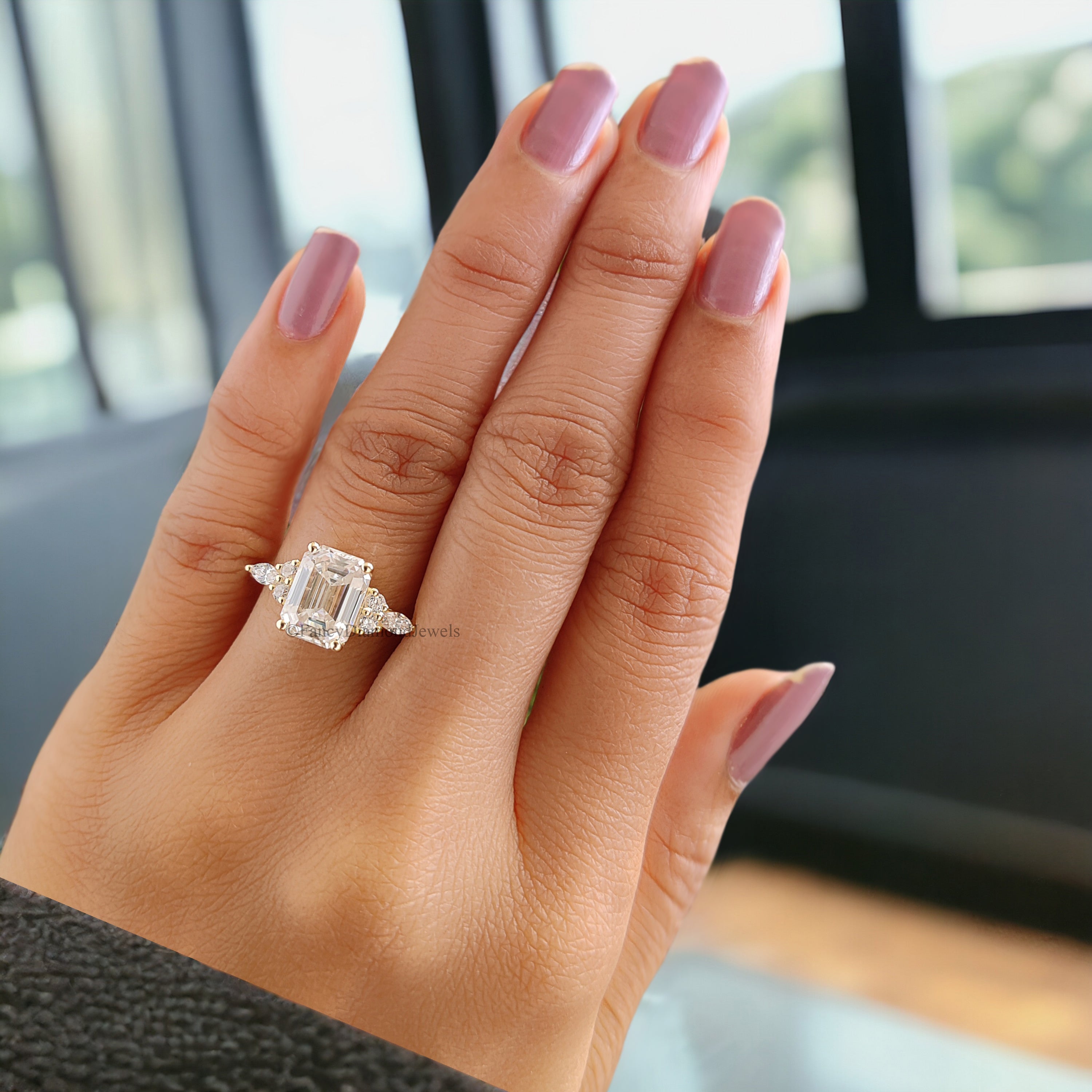 Vintage Emerald Cut Moissanite Engagement Ring Delicate Anniversary Ring Prong Simulated Diamond Ring Milgrain Antique Wedding Ring FD179