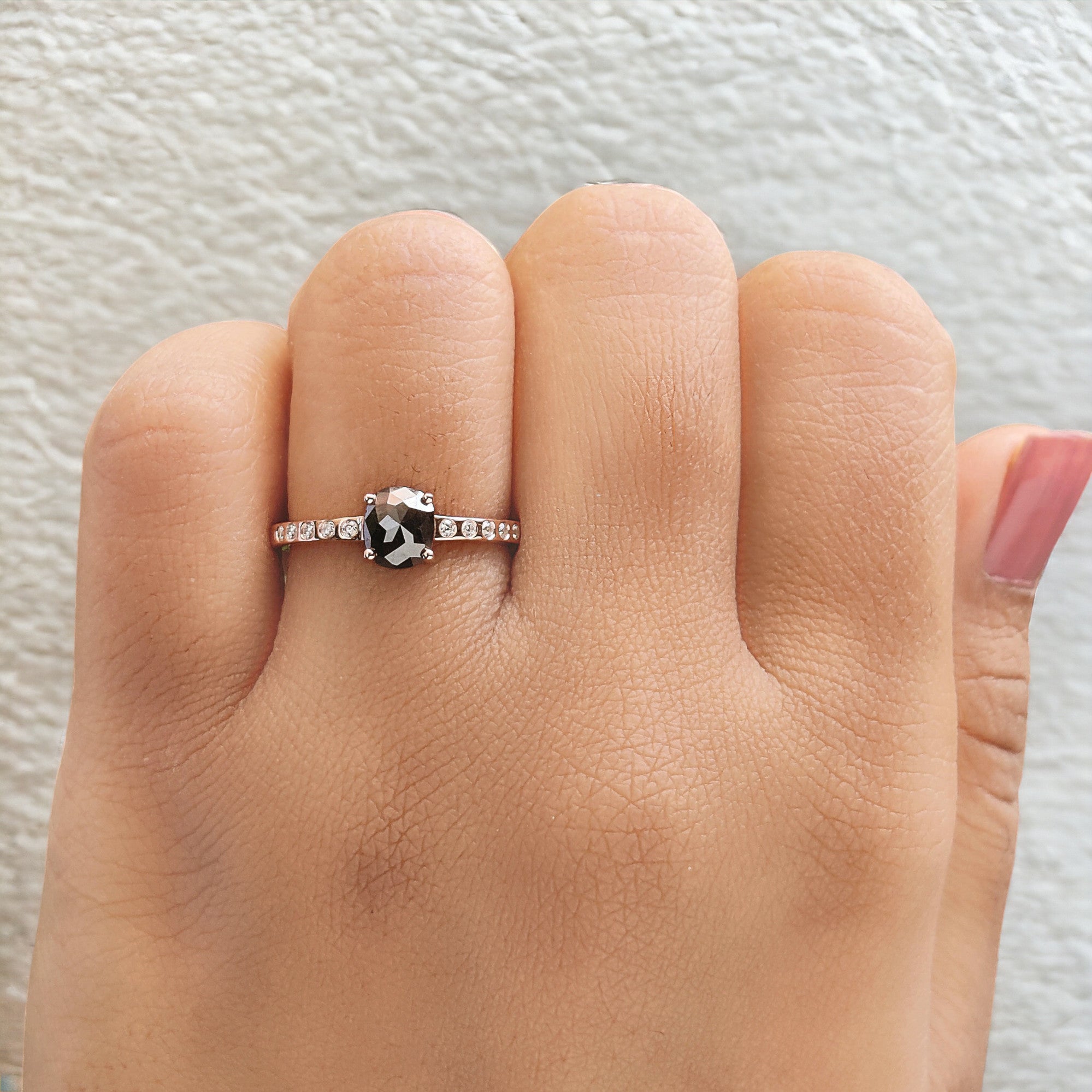 0.78 Ct Natural Oval Salt And Pepper Diamond Ring 5.94 MM Oval Cut Diamond Ring 14K Solid Rose Gold Silver Engagement Ring Oval Ring QK2517