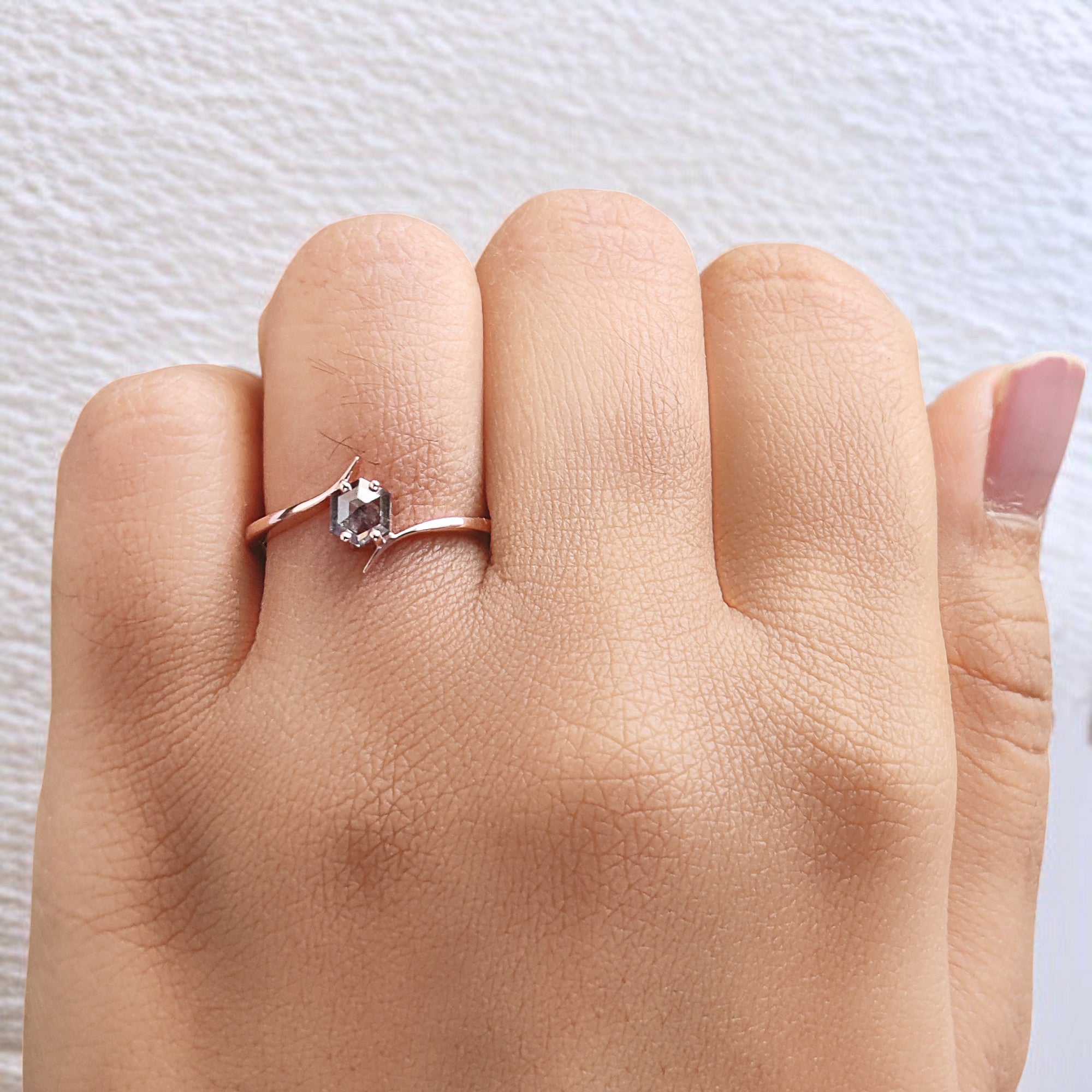 Hexagon Shape Black Color Diamond Ring 0.43 Ct 5.00 MM Hexagon Diamond Ring 14K Solid Rose Gold Silver Engagement Ring Gift For Her QN601