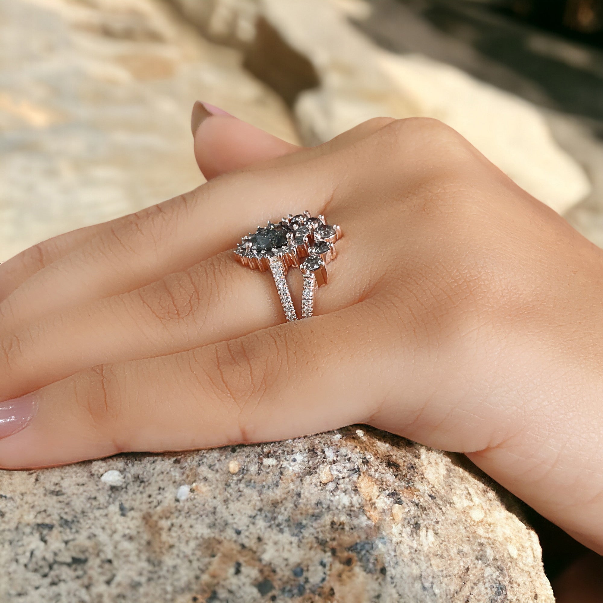 Pear Cut Salt And Pepper Diamond Ring 0.86 Ct 8.00 MM Pear Diamond Ring 14K Solid Rose Gold Silver Pear Engagement Ring Gift For Her QN1434