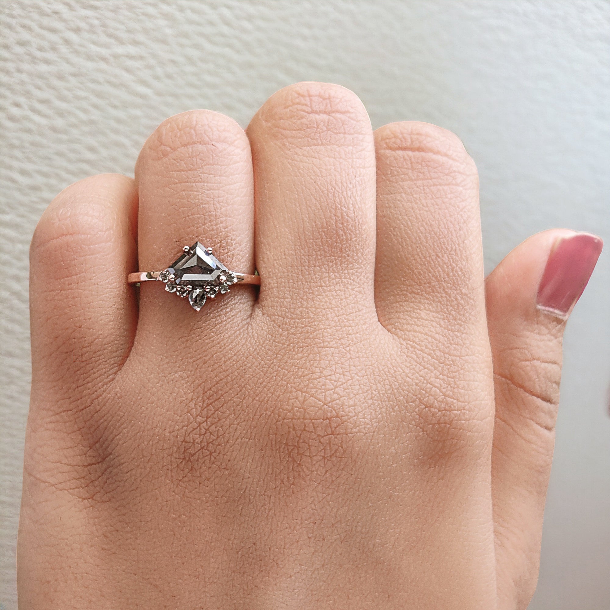 Shield Salt And Pepper Diamond Ring 1.12 Ct 6.05 MM Shield Cut Diamond Ring 14K Solid Rose Gold Silver Engagement Ring Gift For Her QN1274