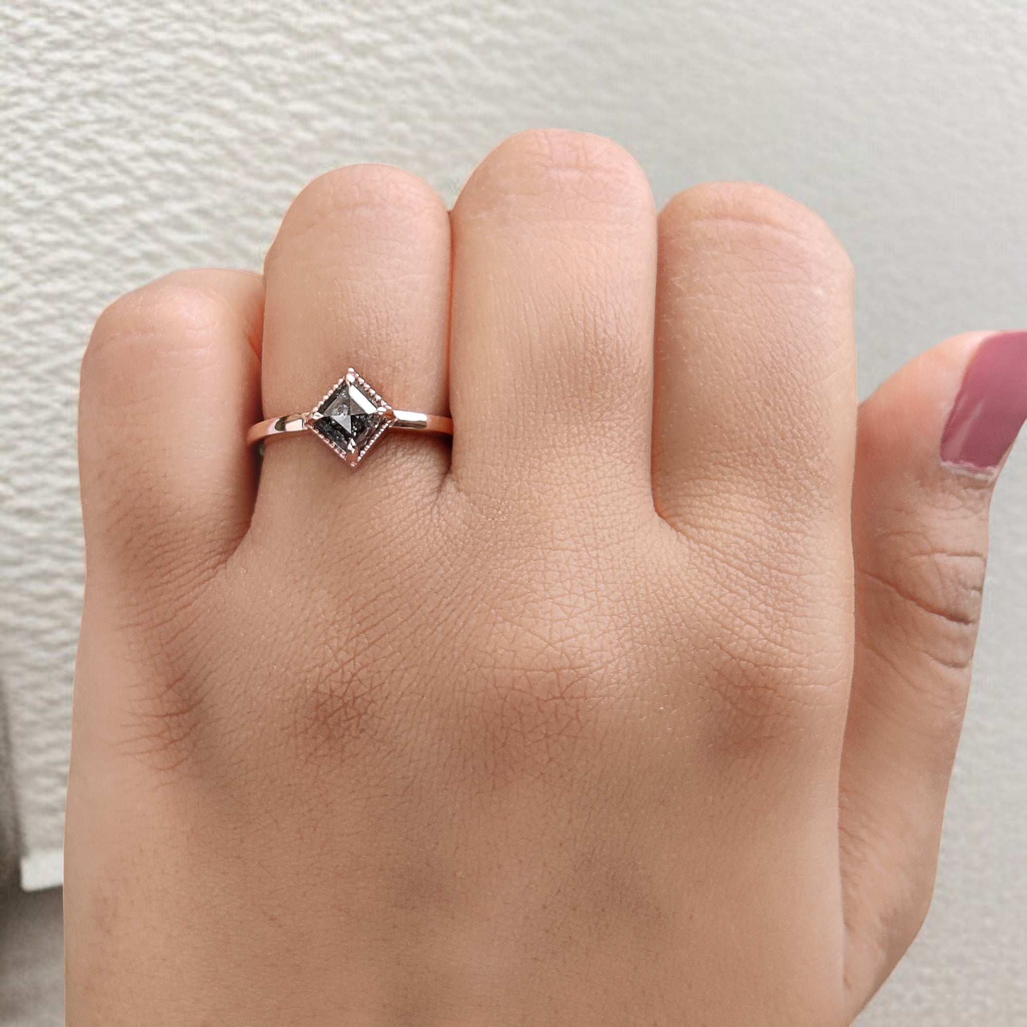 Kite Cut Salt And Pepper Diamond Ring 0.88 Ct 7.18 MM Kite Diamond Ring 14K Solid Rose Gold Silver Kite Engagement Ring Gift For Her QL2026