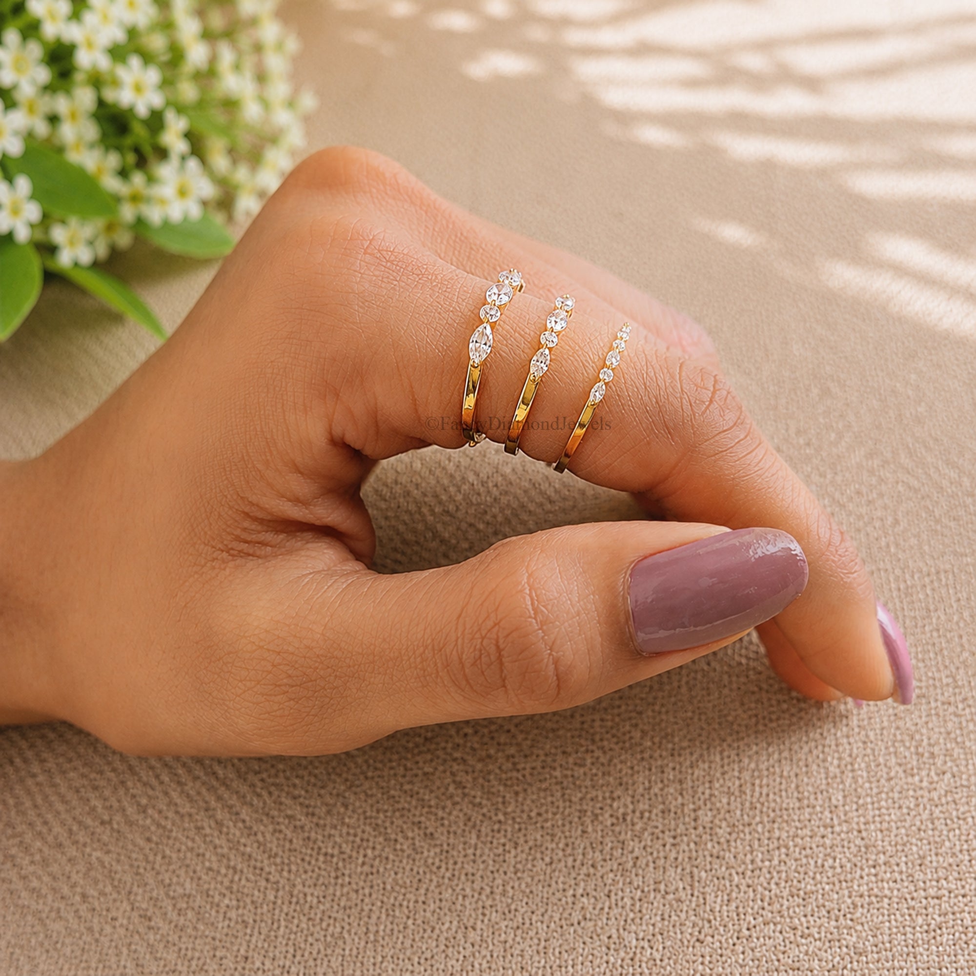 Marquise And Round Diamond Half Eternity Band Dainty Gold Stacking Ring Wedding Anniversary Gift for Her Minimalist Fine Jewelry FD587