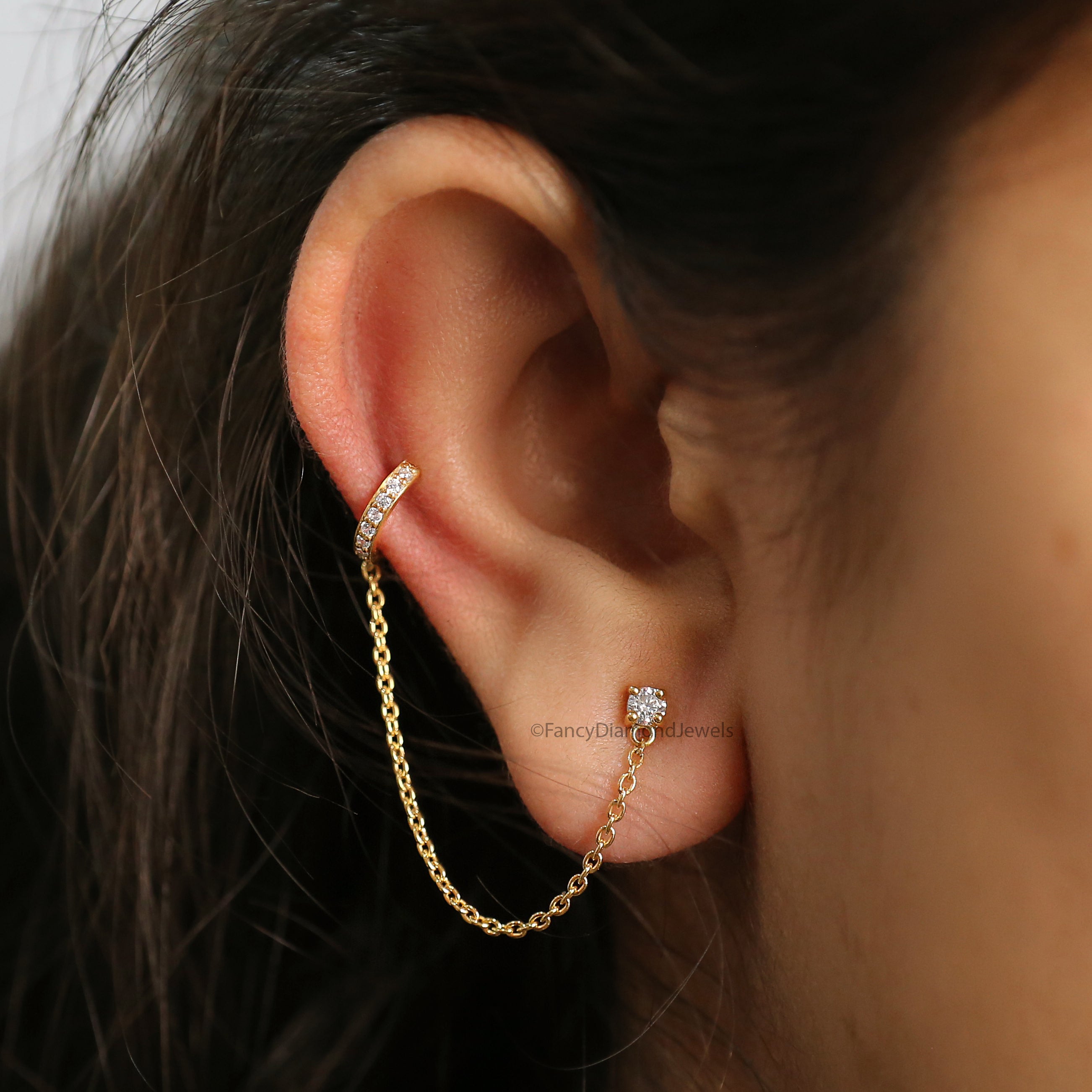 Minimalist Pave Ear Cuff Chain Earrings Round Diamond Stud Dangle Earrings in Gold and Sterling Silver Trendy Ear Cuff Chain Earrings FD533