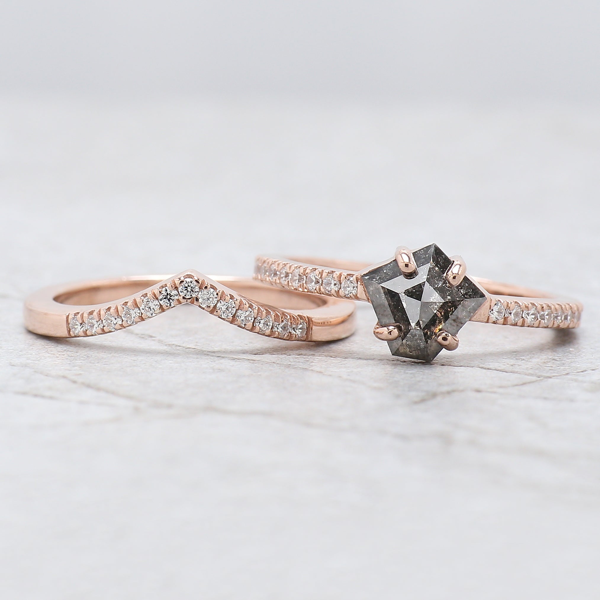 Pentagon Cut Salt And Pepper Diamond Ring 0.98 Ct 7.00 MM Pentagon Diamond Ring 14K Rose Gold Silver Engagement Ring Gift For Her QL1222