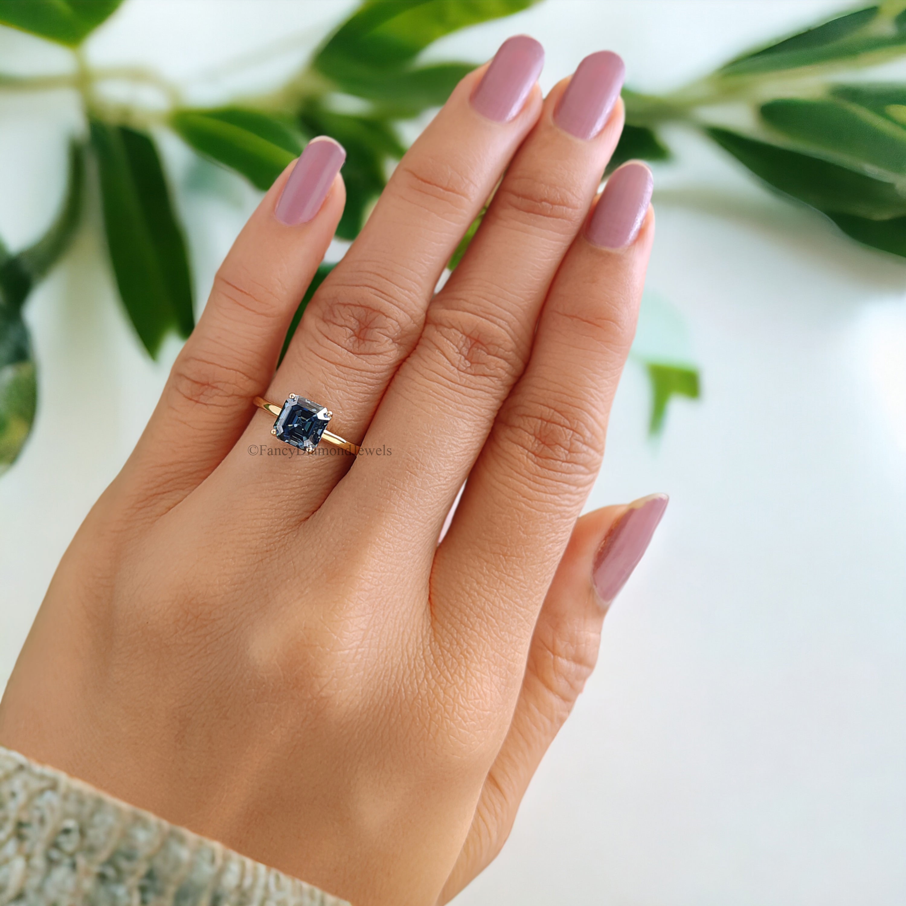 Amazing 1.20 CT Royal Blue Asscher Moissanite Solitaire Engagement Ring Dainty Solid Yellow Gold Wedding Ring Anniversary Gift for Her FD167