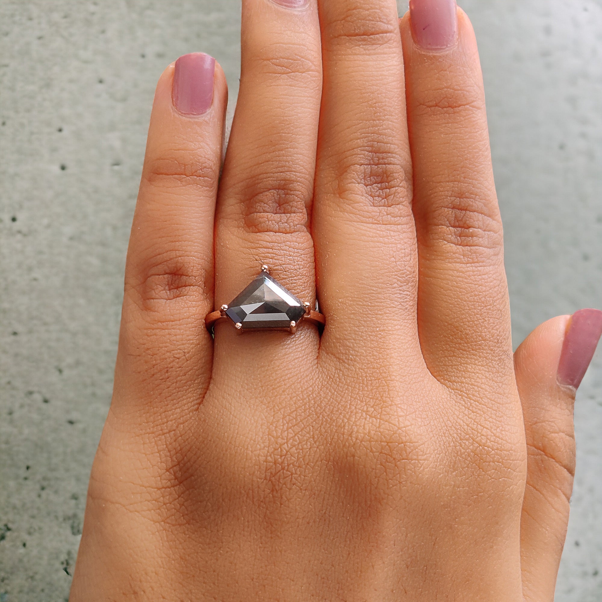 Shield Cut Salt And Pepper Diamond Ring 3.67 Ct 8.90 MM Shield Diamond Ring 14K Solid Rose Gold Silver Engagement Ring Gift For Her QL982