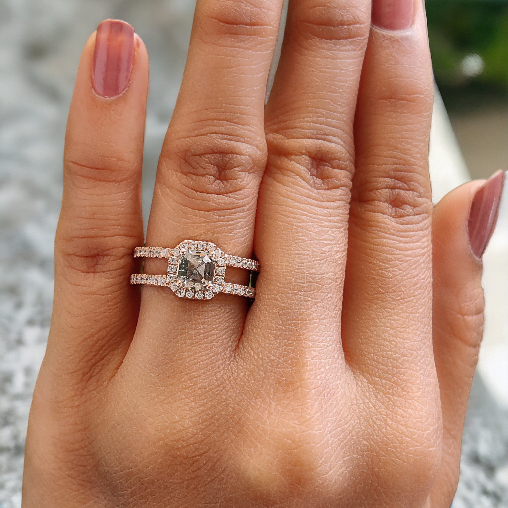 Emerald Salt And Pepper Diamond Ring 1.18 Ct 5.66 MM Emerald Diamond Ring 14K Solid Rose Gold Silver Engagement Ring Gift For Her QL2627