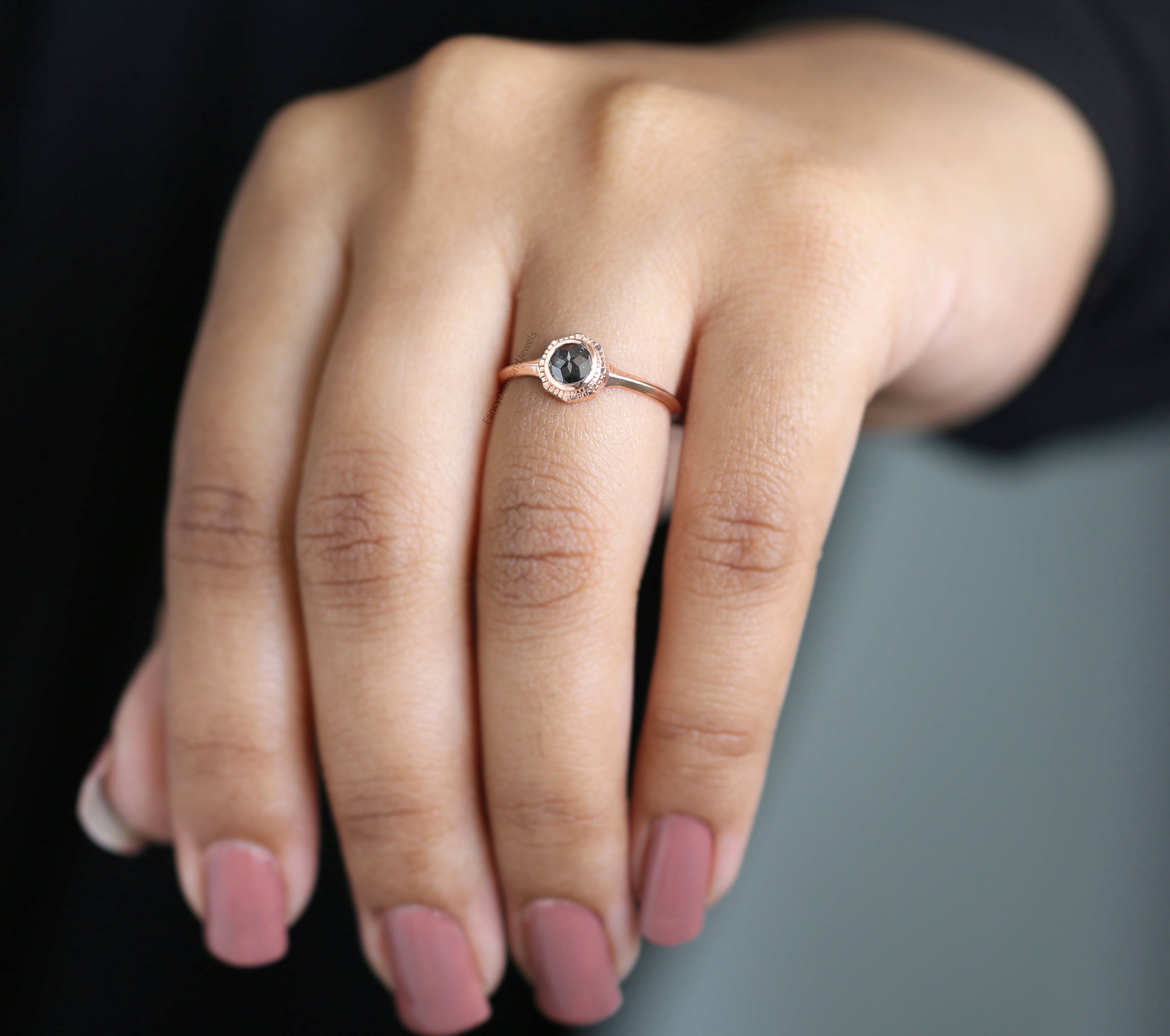 Round Rose Cut Salt And Pepper Diamond Ring, Salt And Pepper Rose Cut Diamond Engagement Ring, Rose Diamond Ring, Round Shape Ring KD1217