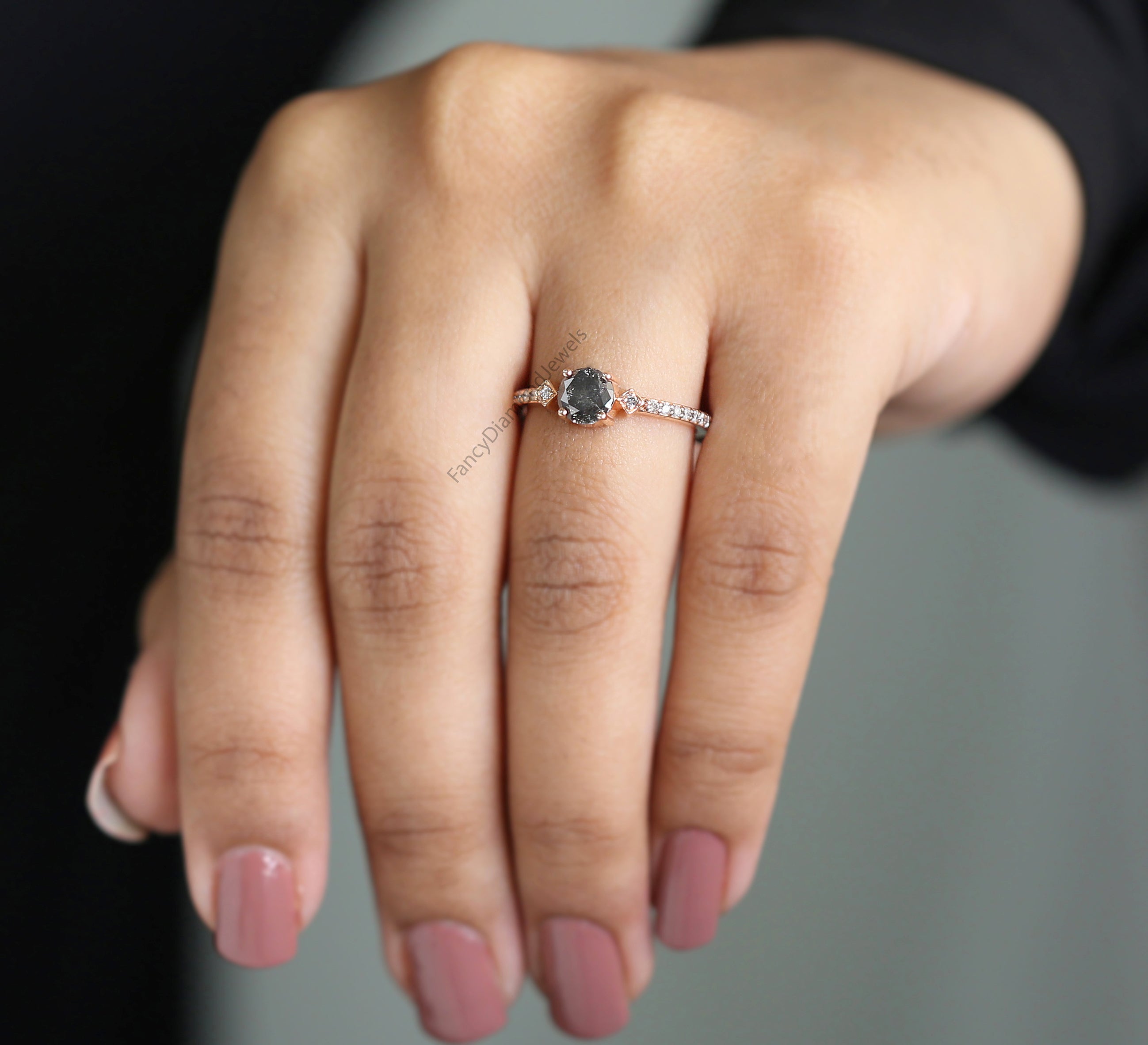 Round Cut Salt And Pepper Diamond Ring 0.83 Ct 5.70 MM Round Diamond Ring 14K Solid Rose Gold Silver Engagement Ring Gift For Her QN2489