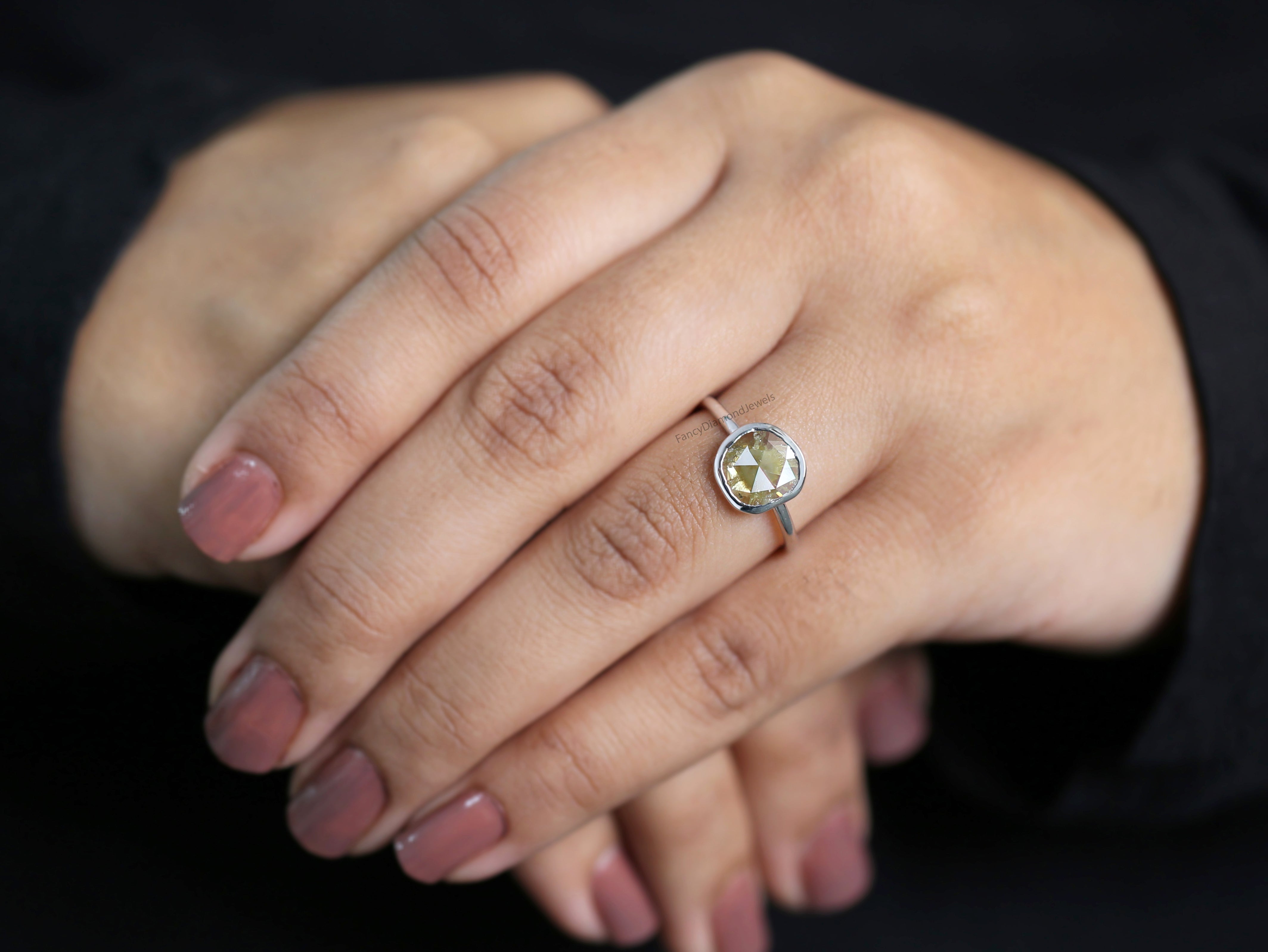 Slice Yellow Color Diamond Ring 1.14 Ct 8.30 MM Slice Shape Diamond Ring 14K Solid White Gold Silver Engagement Ring Gift For Her QL3025