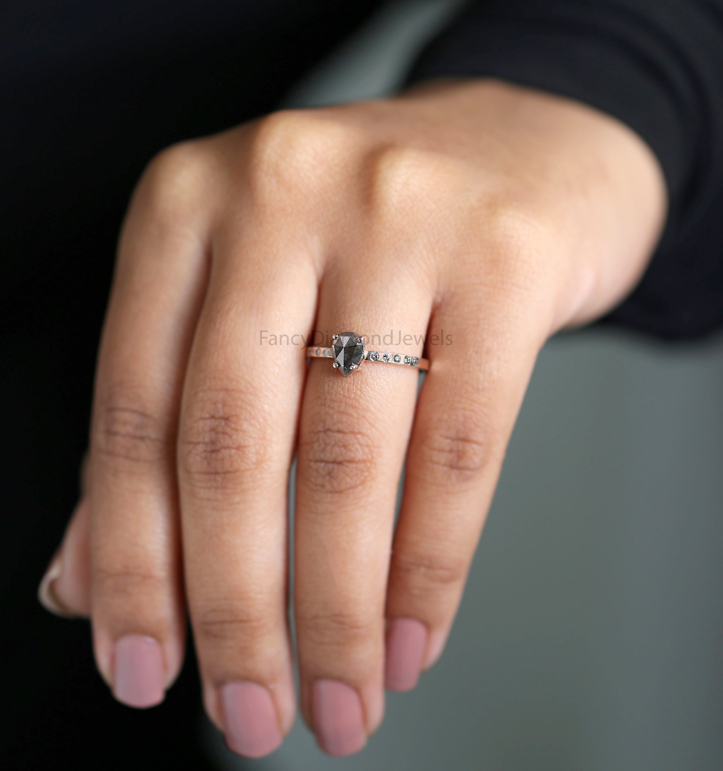 Pear Cut Salt And Pepper Diamond Ring 0.91 Ct 6.90 MM Pear Diamond Ring 14K Solid Rose Gold Silver Pear Engagement Ring Gift For Her QL3095