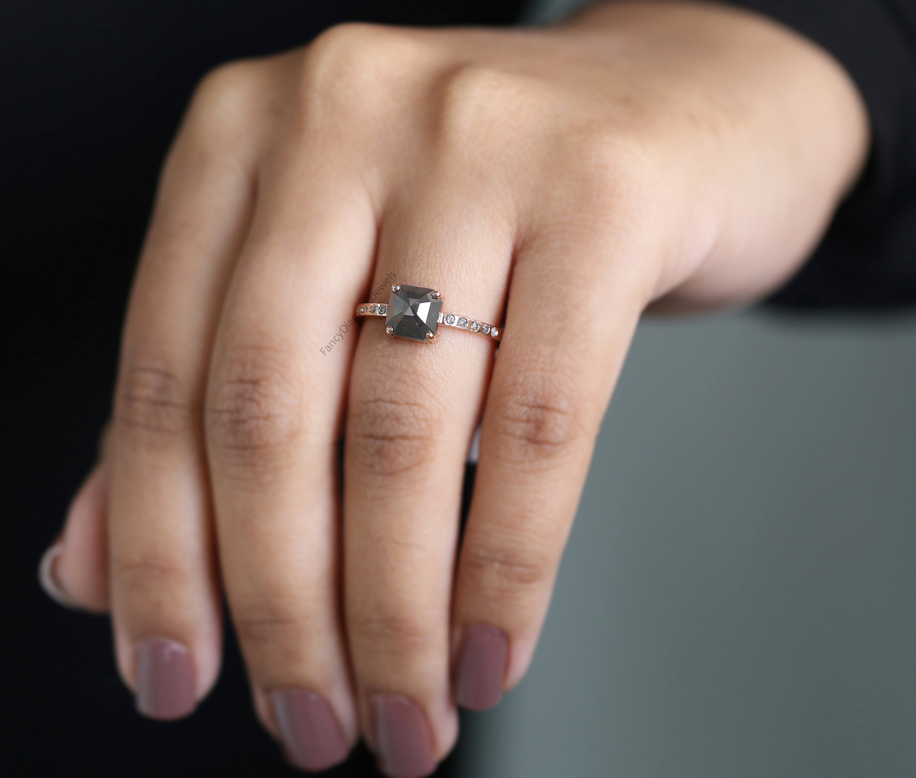 Emerald Cut Salt And Pepper Diamond Ring 1.33 Ct 6.95 MM Emerald Diamond Ring 14K Solid Rose Gold Silver Engagement Ring Gift For Her QL3029