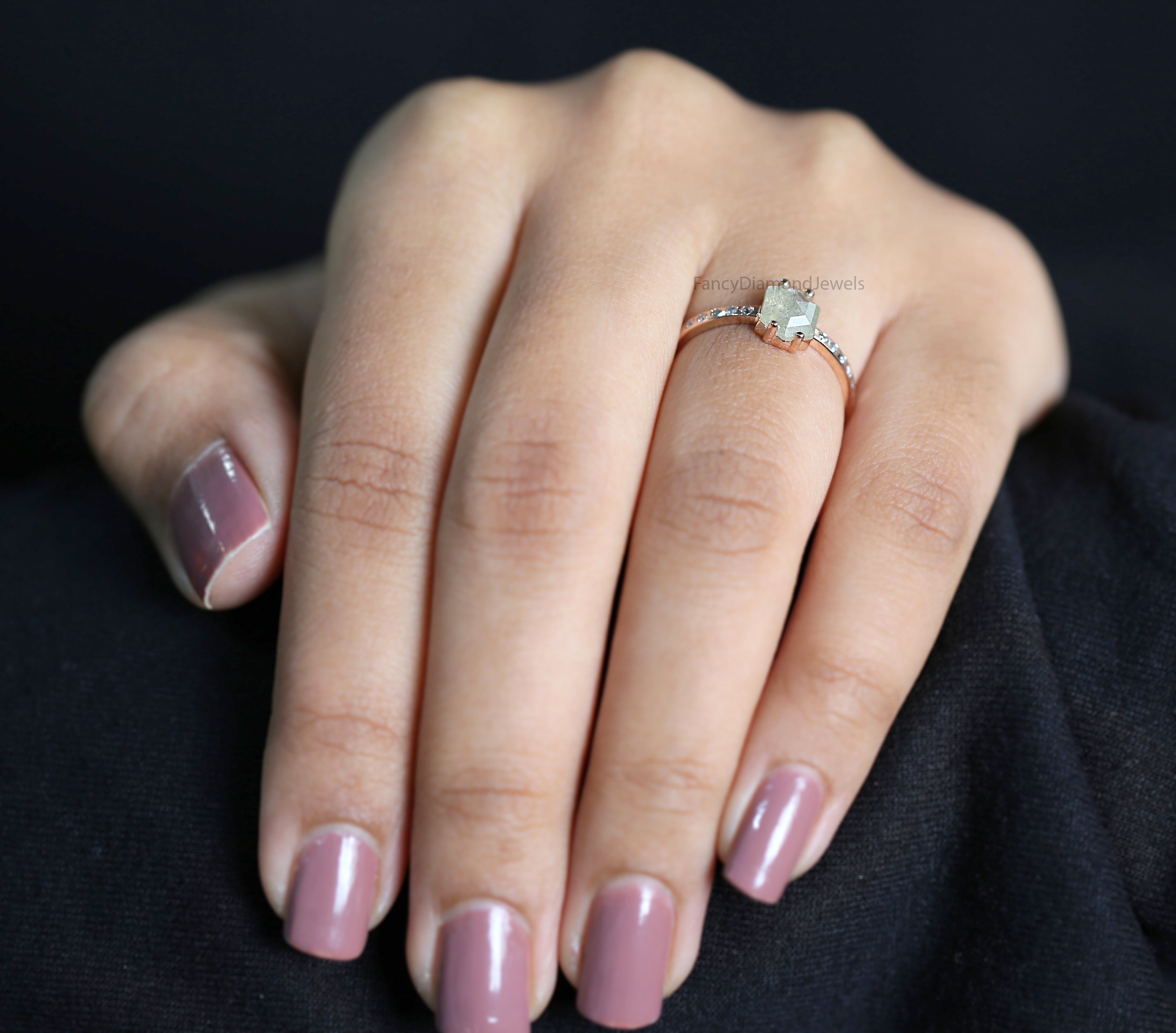 Hexagon Grey Color Diamond Ring 0.75 Ct 7.45 MM Hexagon Shape Diamond Ring 14K Solid Rose Gold Silver Engagement Ring Gift For Her QK2097