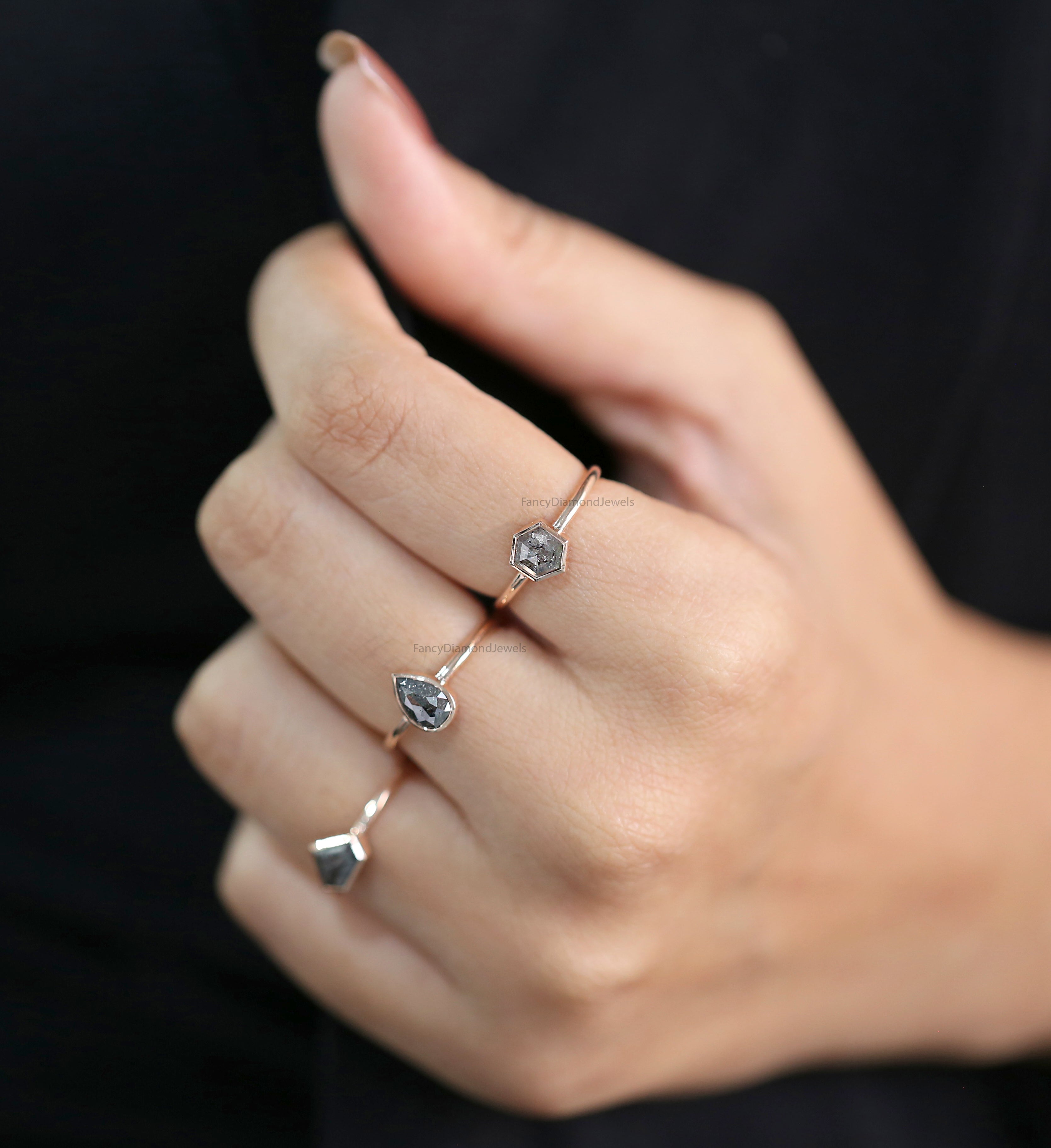 Mix Shape Salt And Pepper Diamond Ring 1.73 Ct 7.15 MM Mix Shape Diamond Ring 14K Solid Rose Gold Silver Engagement Ring Gift For Her QL1063