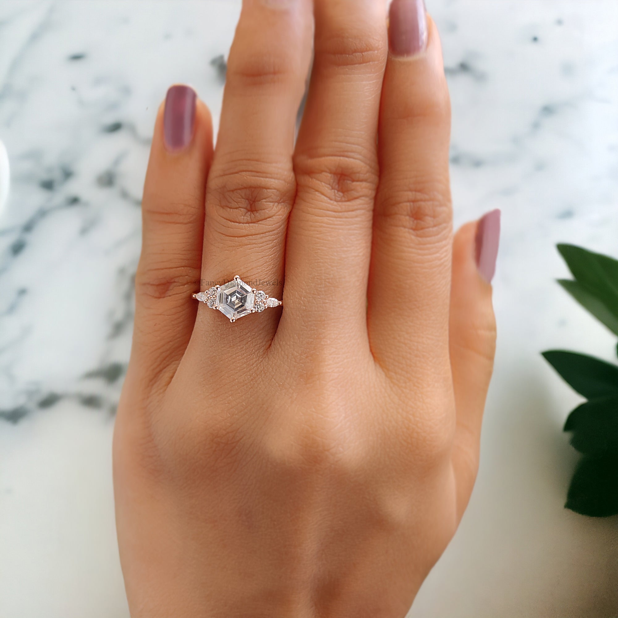Hexagon Cut Moissanite Engagement Ring Rose Gold Vintage Unique Marquise Diamond Cluster Engagement Ring Delicate Wedding Bridal Ring FD114