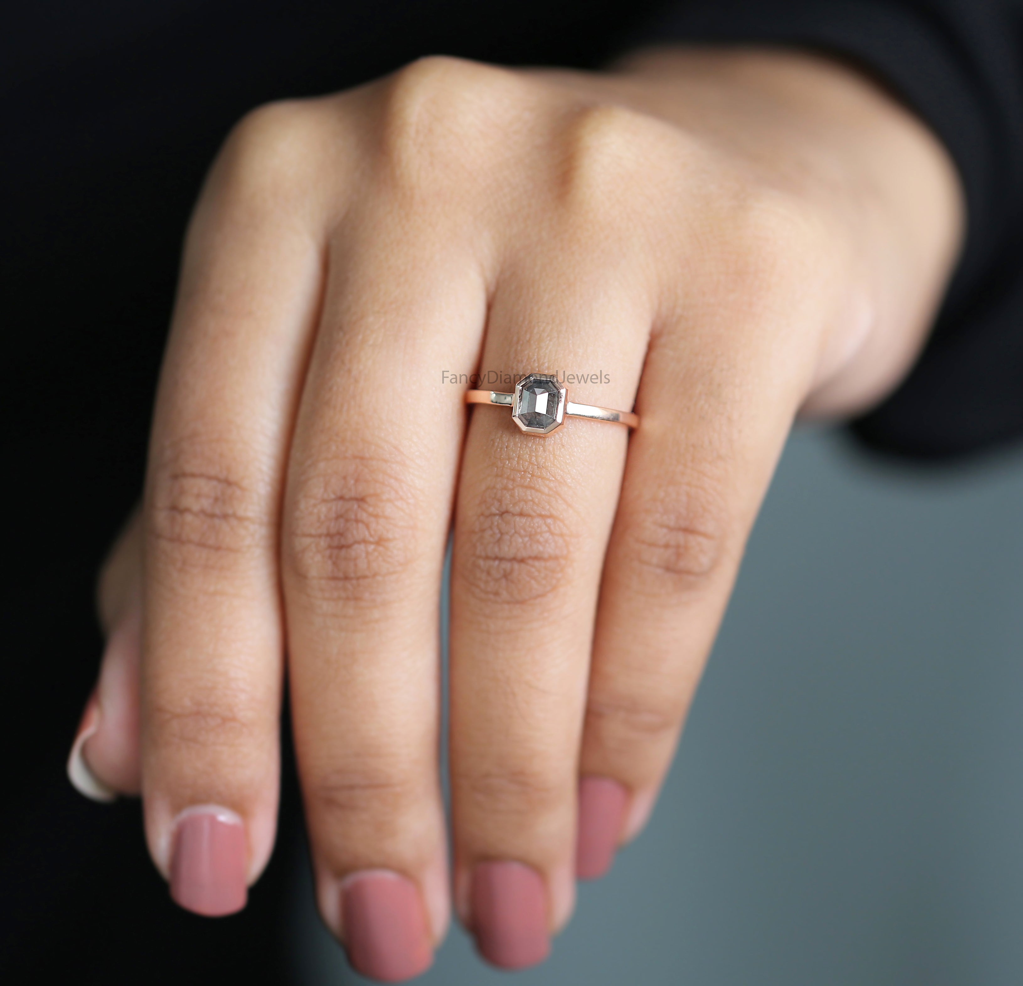 Emerald salt and pepper Diamond Ring, Salt and pepper Emerald Diamond Engagement Ring, Emerald Diamond Ring, Emerald Shape Ring, KD1147