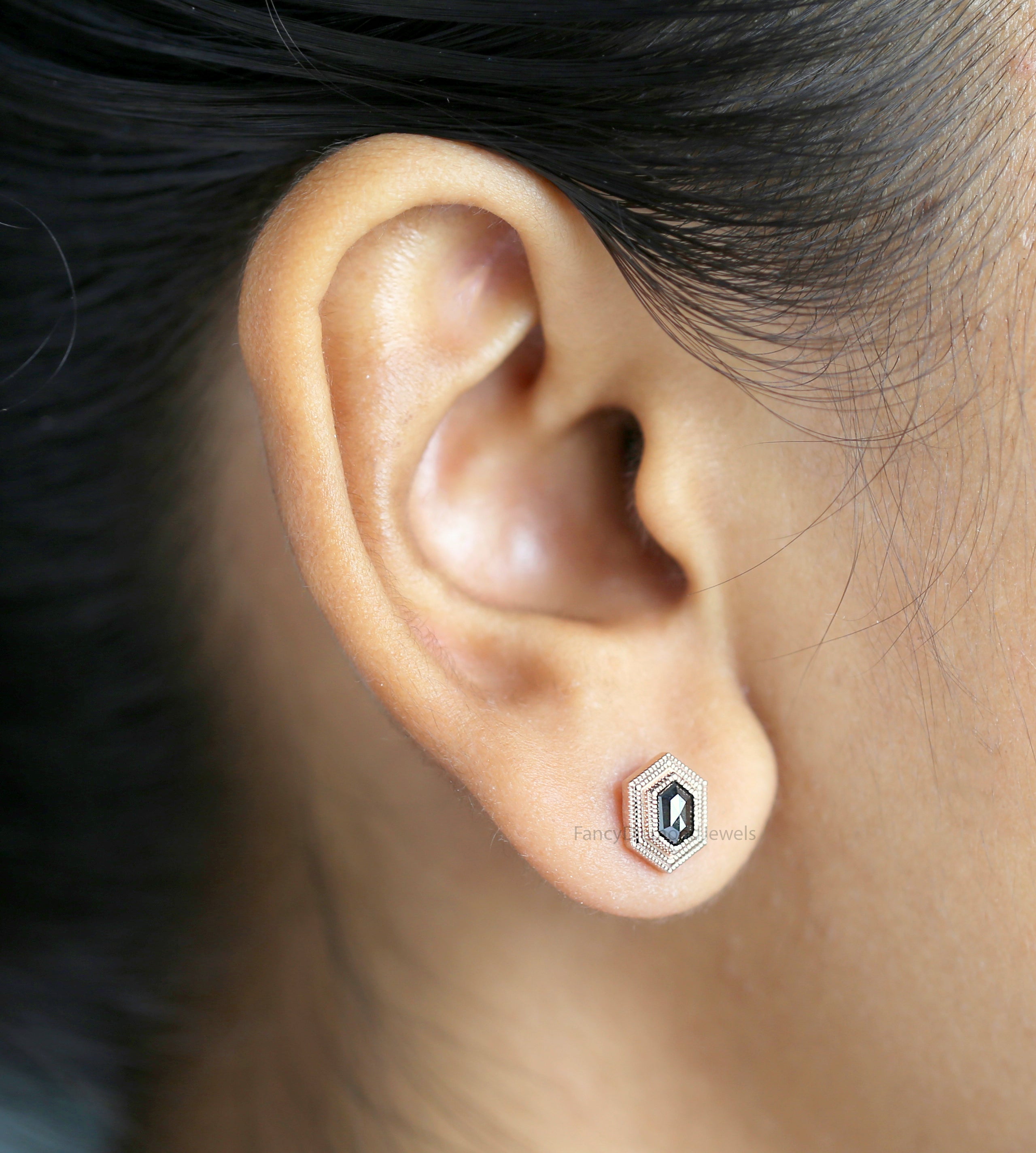 Hexagon Cut Black Diamond Earring 0.67 Ct 5.60 MM Hexagon Diamond Earring 14K Solid Rose Gold Silver Engagement Earring Gift For Her QL2740