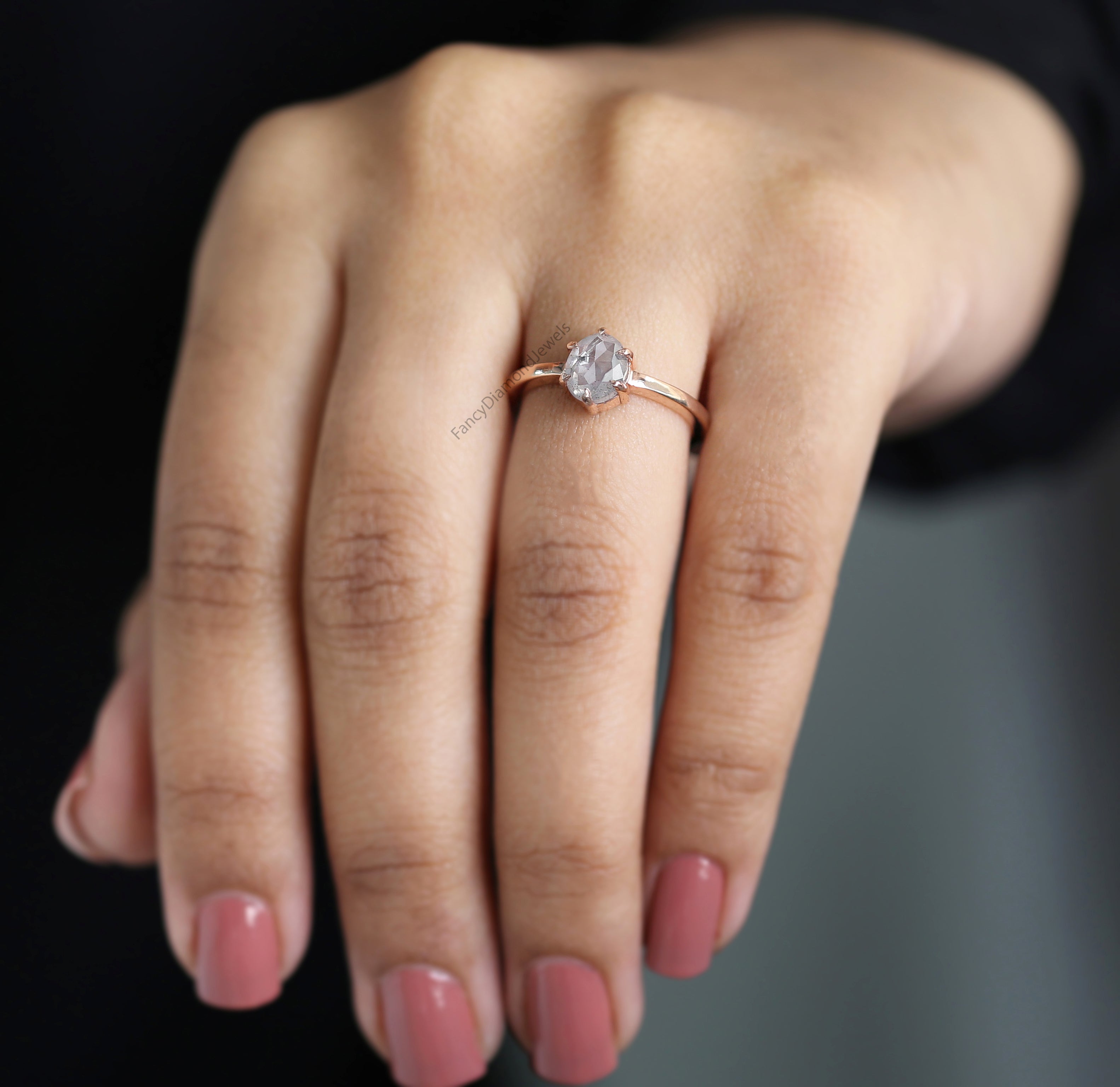 Oval Cut Salt And Pepper Diamond Ring 1.03 Ct 7.00 MM Oval Diamond Ring 14K Solid Rose Gold Silver Oval Engagement Ring Gift For Her QL1098