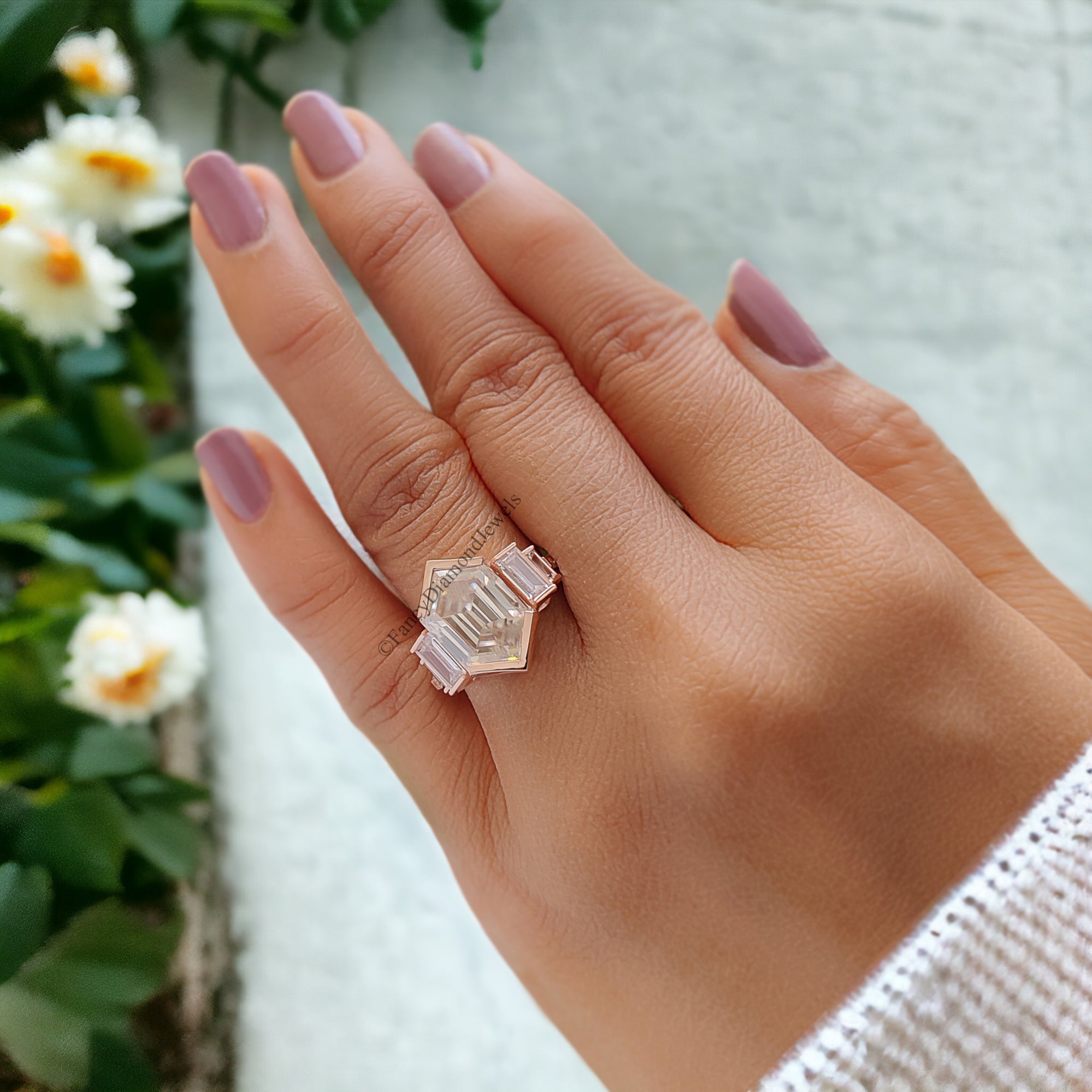 Hexagon Moissanite Engagement Ring Unique Rose Gold Engagement Ring Baguette Ring Bezel Set Art Deco Bridal Promise Anniversary Gift FD66